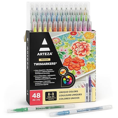 ARTEZA Dual Tip Brush Markers – Set of 48 Pens with Fine and Brush Tips, Water-Based Ink for Coloring, Sketching, Lettering & Journaling - 1 Count (Pack of 48)