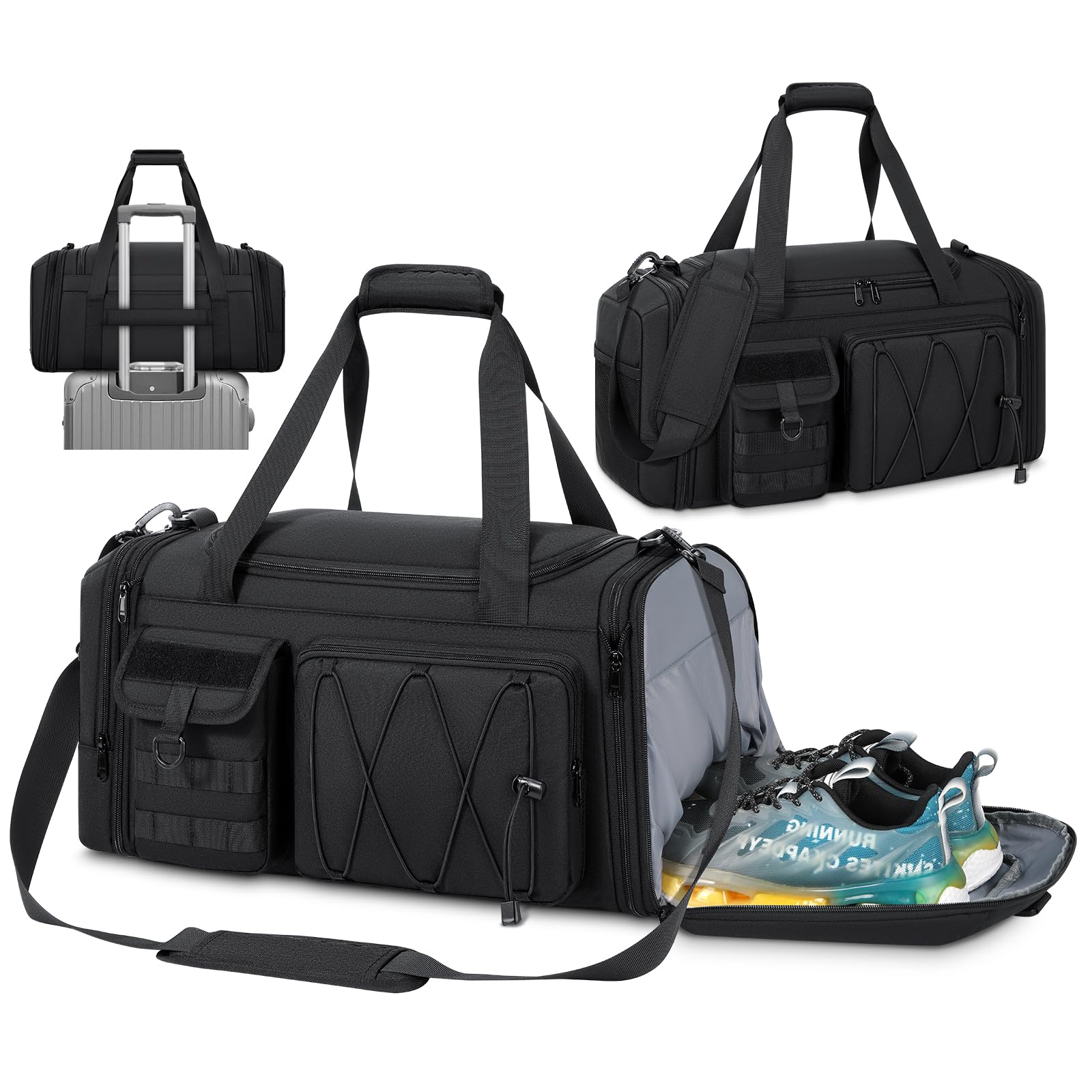 RAINSMORE Gym Bag with Shoe Compartment and Wet Pocket 40L Sports Duffel Bags for Men and Women Water Resistant Expandable Holdall Bag Travel Weekend Large Sports Bag Black