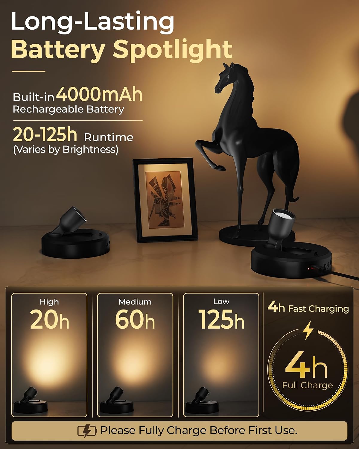 EZVALO 2-Pack Spotlight Indoor, Rechargeable Battery Picture Lights, Wireless Uplights with Remote, Dimmable, ⁠3 Color Temperatures⁠, Timer, Accent Lighting for Plants, Trees, Art, Displays image 3