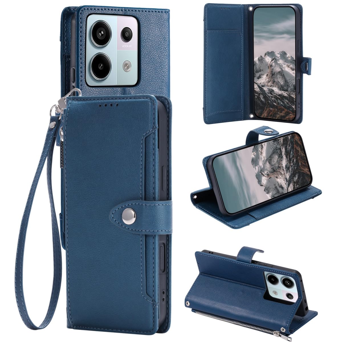 Étui Oppo Reno 14 5G bleu foncé à rabat en cuir avec fermeture éclair - 8