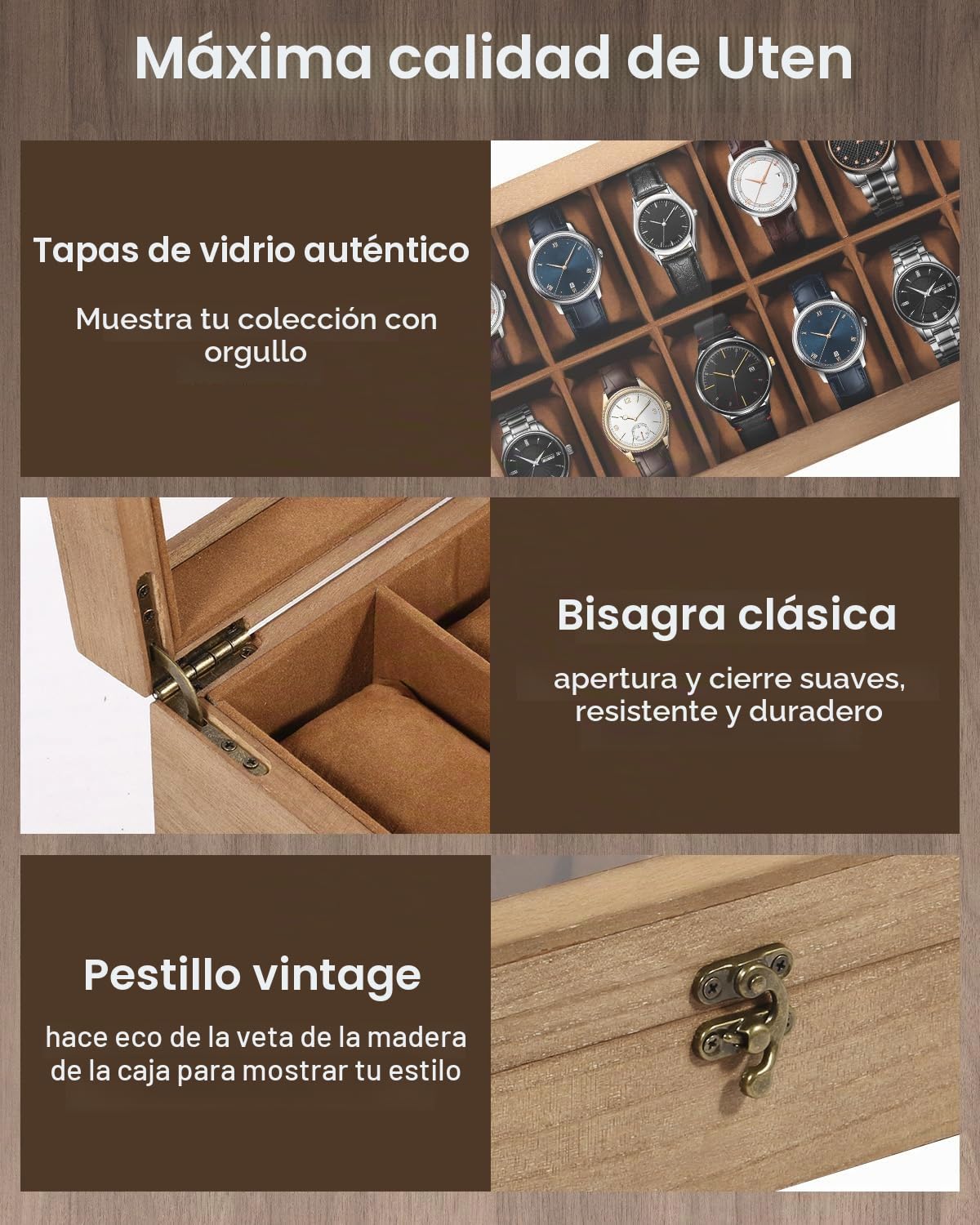 Uten Caja de Relojes con 12 Compartimentos, Caja para Reloje Madera, Tapa de Vidrio y Almohada Algodón Seda, Forro Marrón, para Exhibición y Almacenamiento de Relojes Joyería, Regalo Ideal