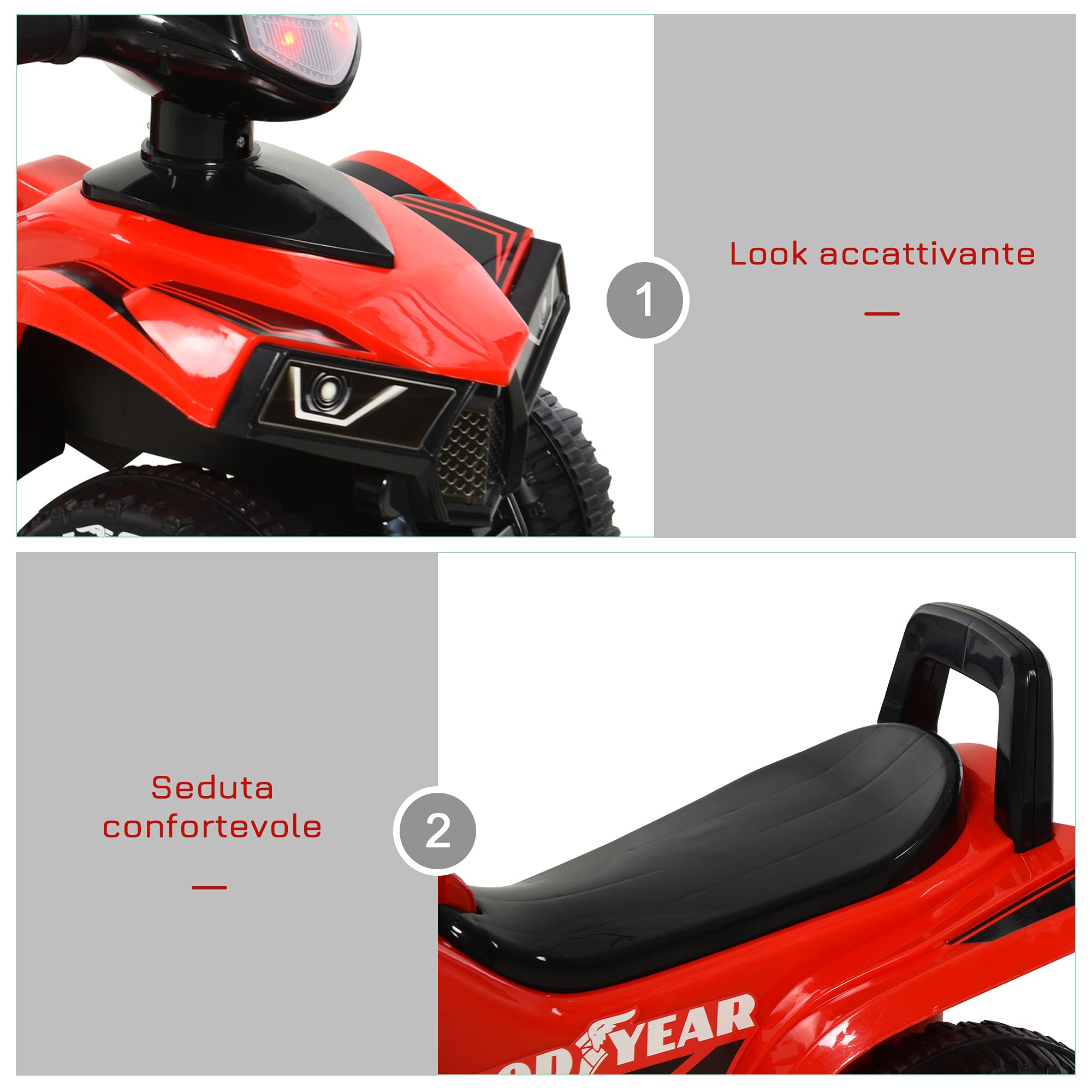 HOMCOM Quad Giocattolo per Bambini 18-36 Mesi con Licenza GOODYEAR con Luci e Suoni Realistici, Rosso e Nero, 60x31x42cm