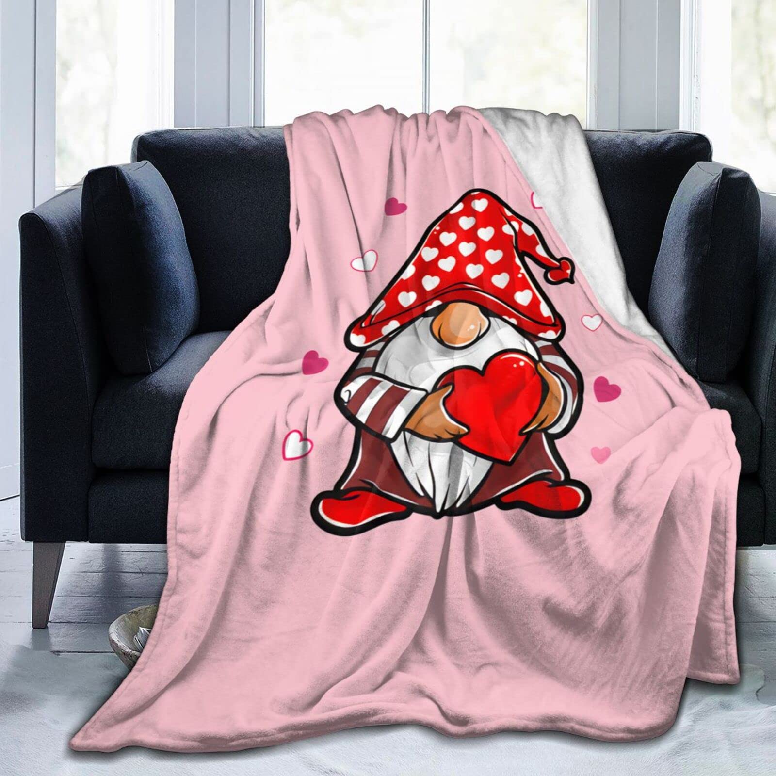 Lsjuee Valentine's Day Gnome Love Holding Red Heart Throw Blanket Warm Cozy Lightweight Blankets Romantic Valentine's Day Gift Flannel Blanket for Sofa Couch Bed Office Holiday Decorative 50"X40"