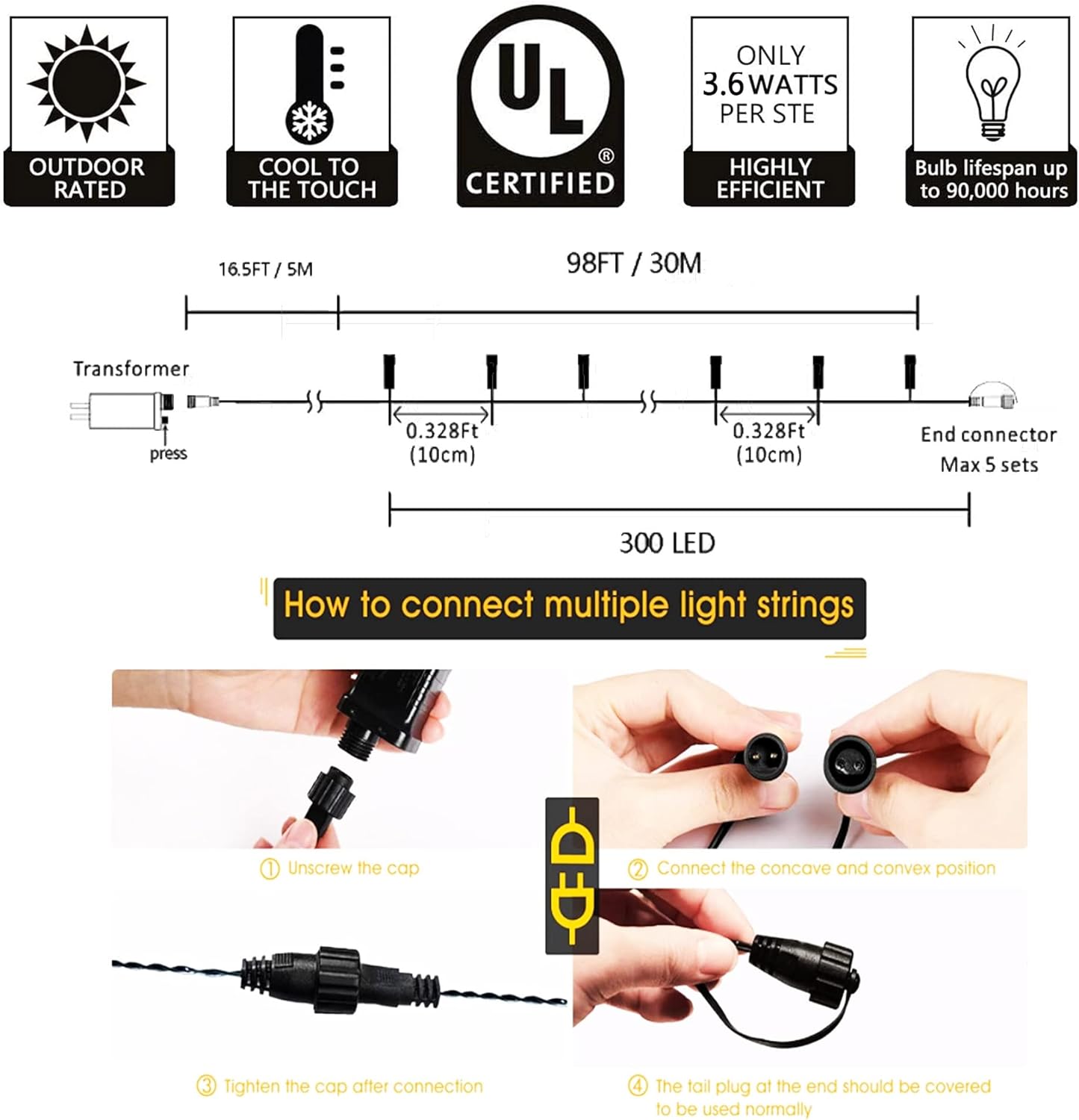 kemooie 300 LED Christmas Lights, 99FT Connective Green Wire Tree Lights, Plug in 8 Lighting Modes with Timer, Waterproof for Indoor Outdoor Patio Garden Wedding Party Decoration (Warm White) - Image 2