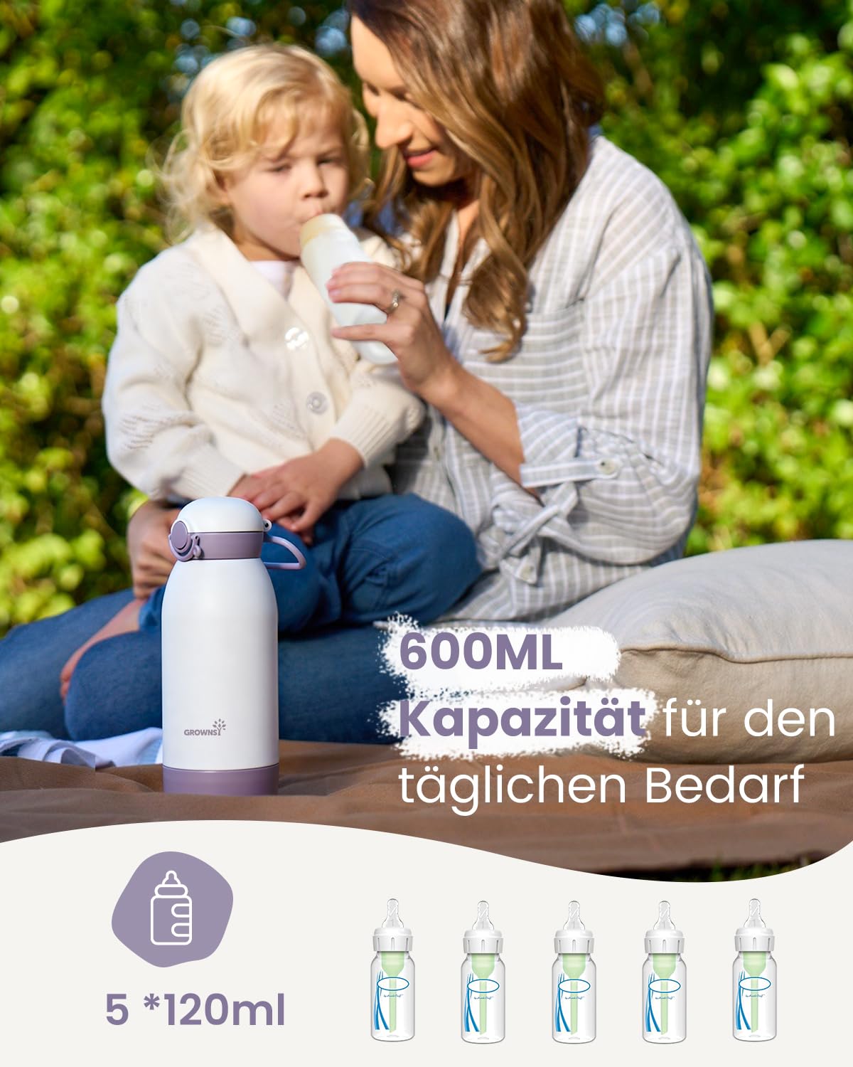 Scaldabiberon Portatile GROWNSY Bottle Warmer Riscaldamento Veloce Latte Materno & Formula, Controllo Temperatura Preciso, Batteria 10000mAh USB-C, Doppia Capacità 600ml