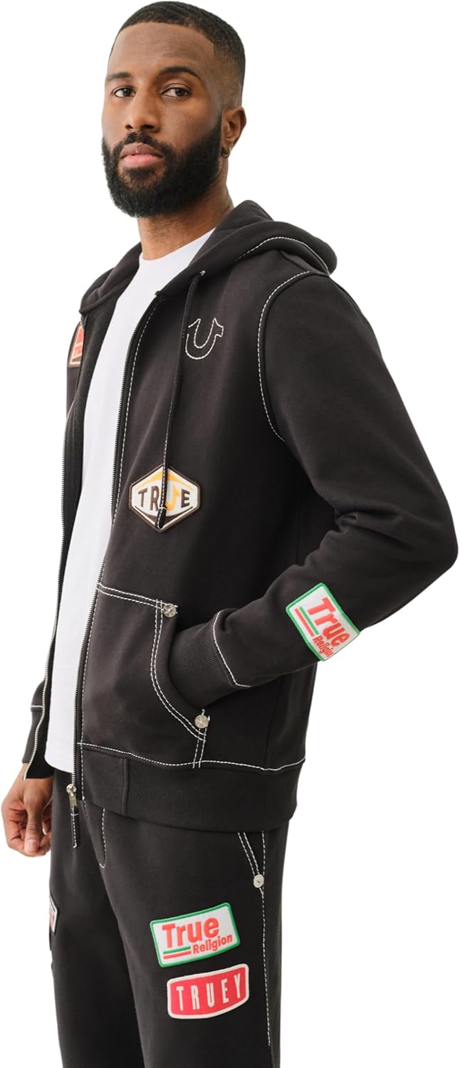 True Religion Patch Big-T Zip Hoodie - Jet Black | Full Zip Sweatshirt - Image 2