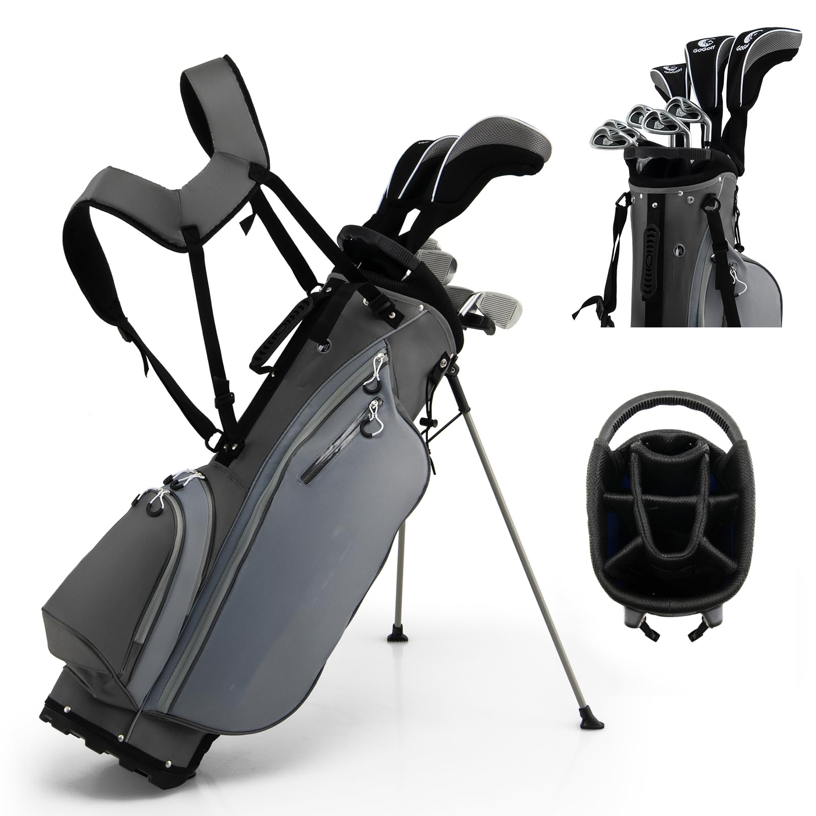 COSTWAY Men's Golf Clubs Package Set with Alloy Driver, 3# Fairway Wood, 4# Hybrid, 6-9# & P Irons, Putter and Stand Bag, Right Hand (Gray)
