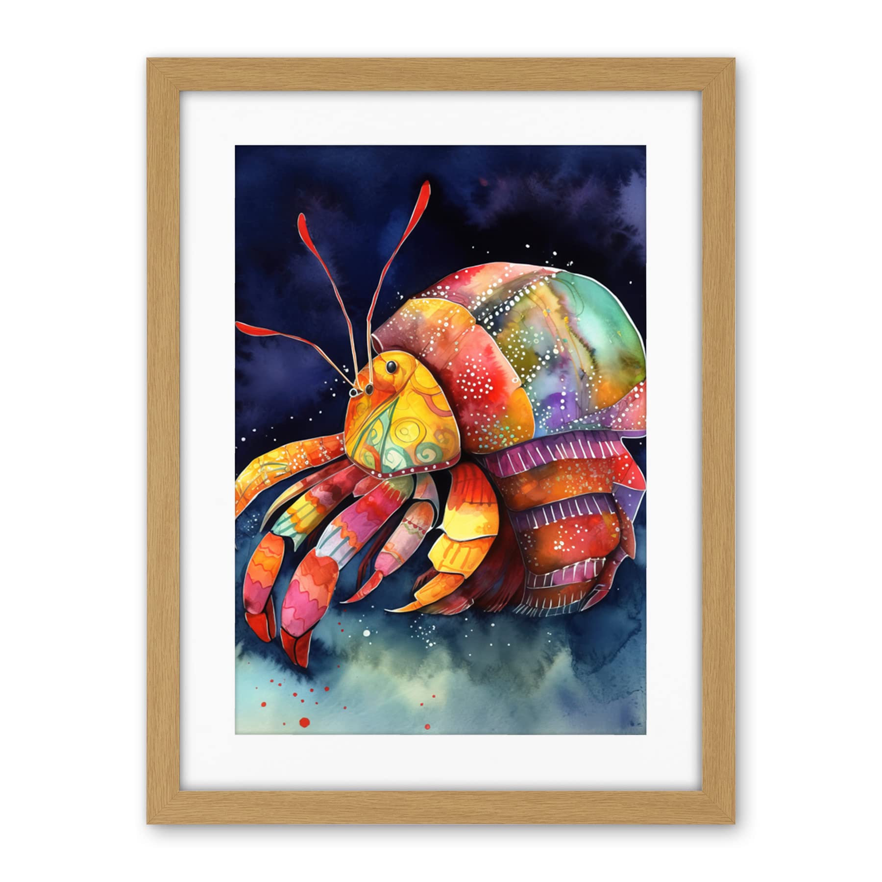 Artery8 Hermit Crab Vibrant Folk Art Watercolour Painting Artwork Framed Wall Art Print 18X24 Inch