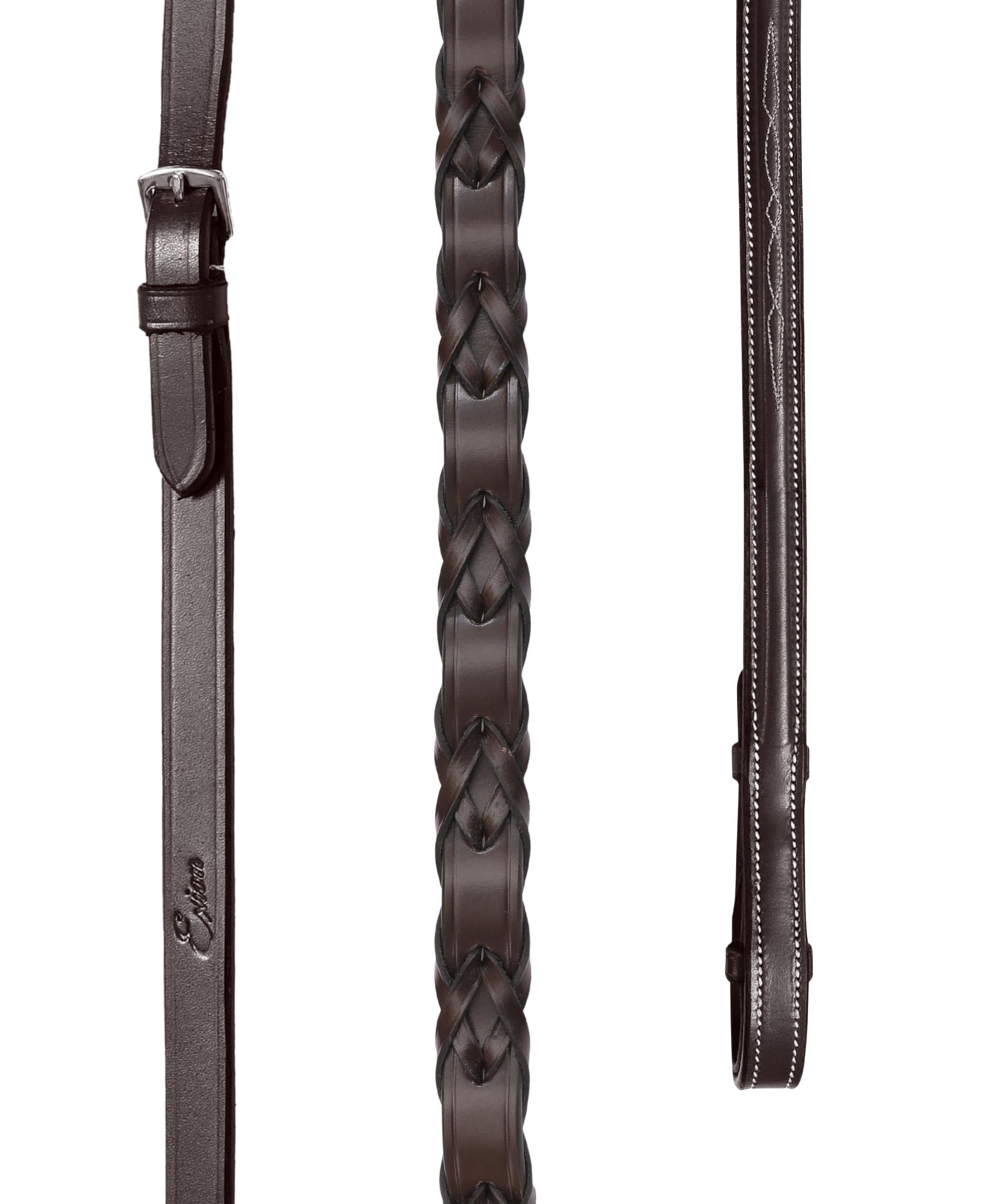 Riendas de Caballo con Dos Cordones levantadas de Lujo de Cuero con Tapones de martingala | Costuras Elegantes Blancas | Extra Duradero y de Alta Resistencia | Marrón Oscuro
