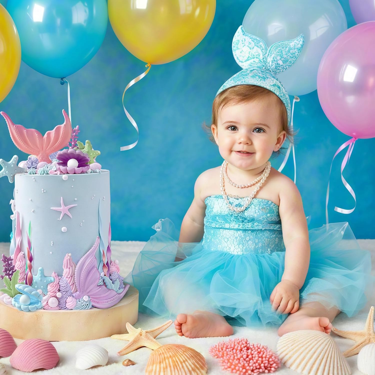 21pcs Mermaid Cake Topper - Mermaid Tail Cake Decorations with Seaweed Shells Starfish Coralal Under the Sea Cake Decorations for Birthday Party Decorations (Pink Purple) - Image 4