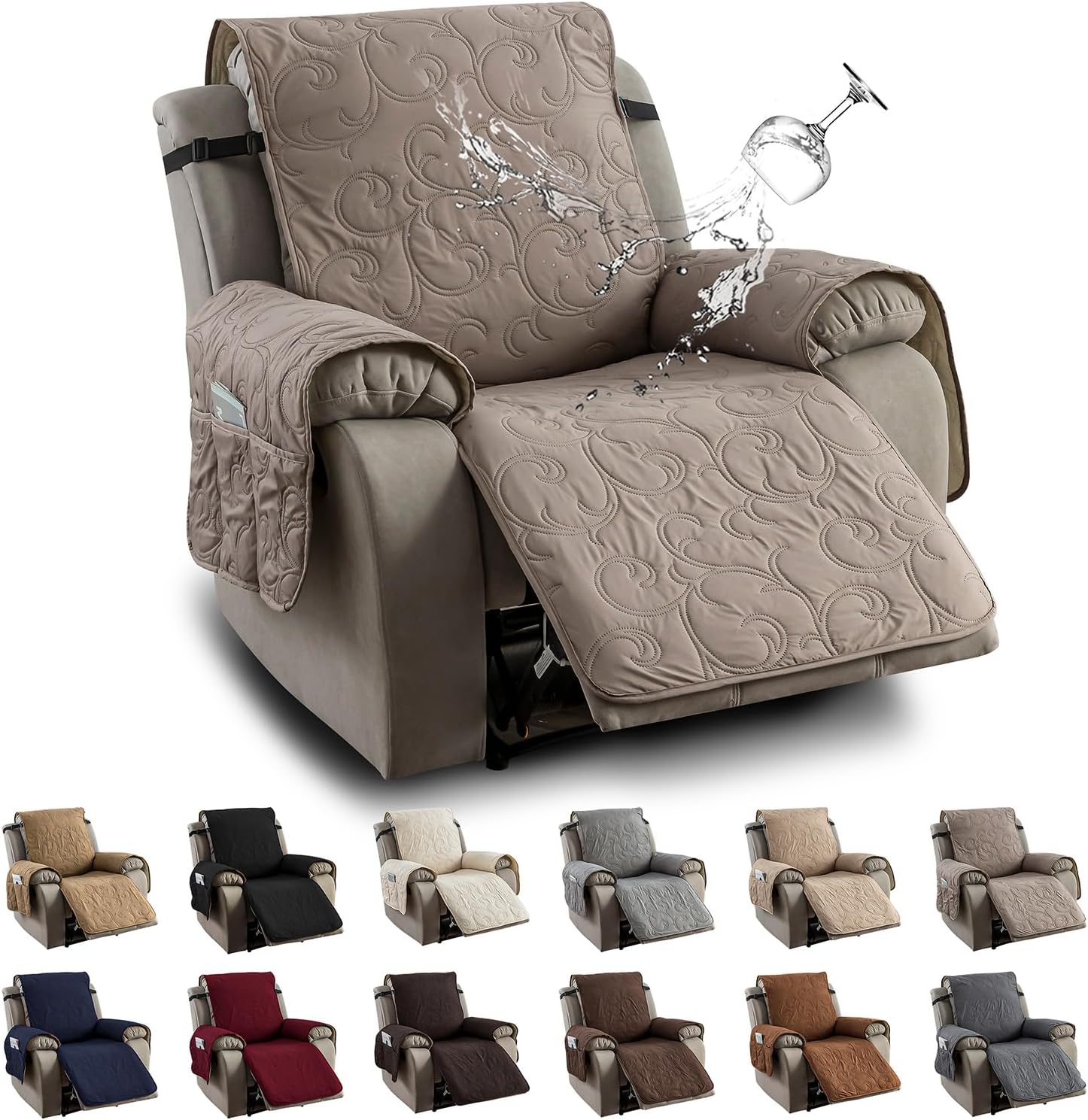 100% Waterproof Recliner Chair Cover, Recliner Chair Covers for Reclining Chair, Non-Slip Fabric Recliner Couch Cover for Living Room, for Pets Kids Protector, Washable (Beige, 20")