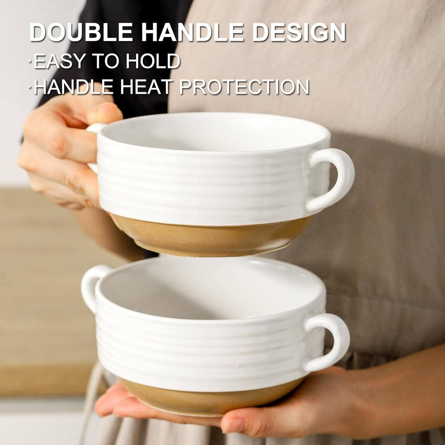 HASENSE Ceramic Soup Bowls with Handles, 20 oz Oven Safe French Onion Soup Bowls Set of 6, White Serving Dishes for Entertaning, Ideal for Soup, Salad, Stew, Microwave & Dishwasher Safe