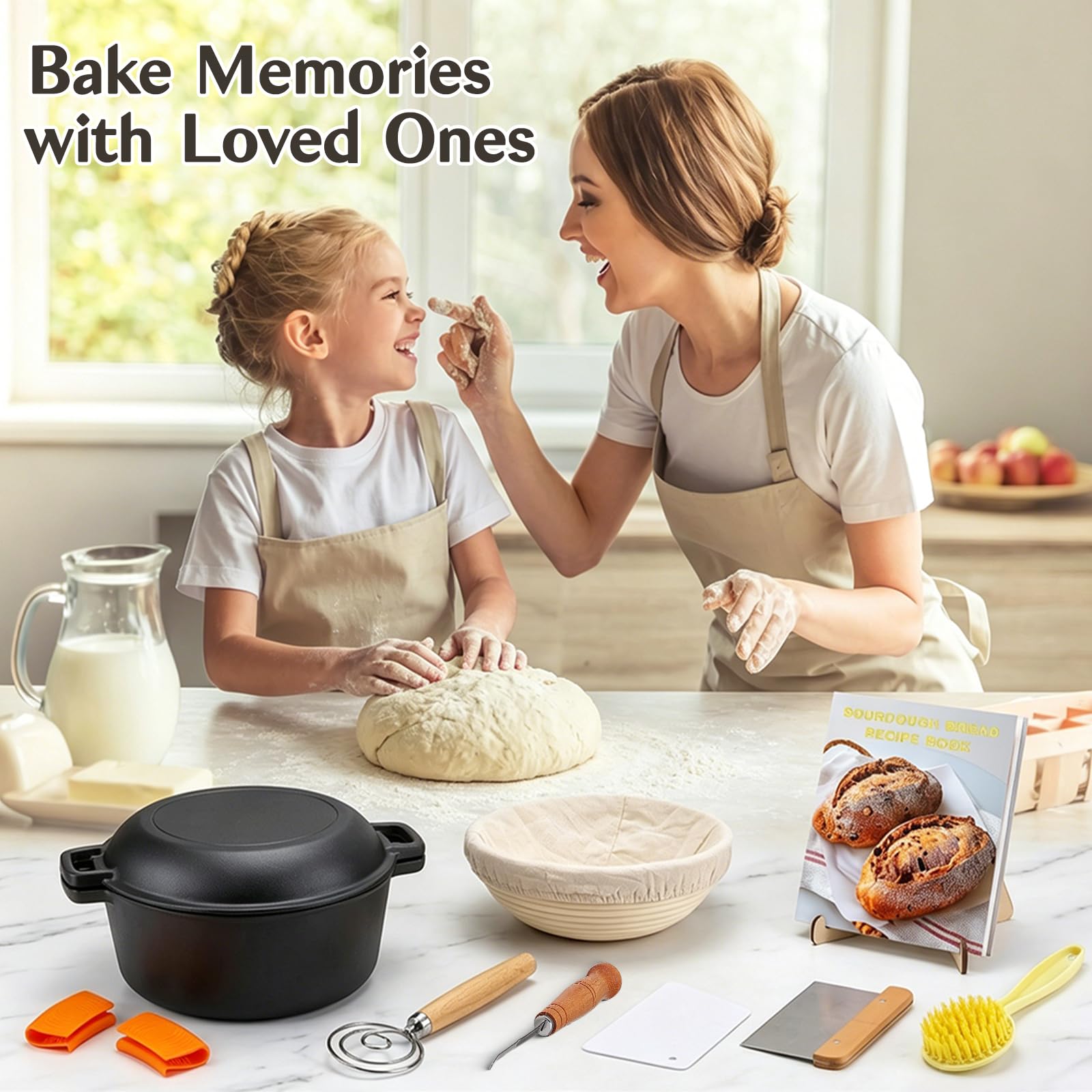 Gusseisen Dutch Oven Brotbacktopf Set 17-teilig 26cm|Vorgereizt & Sofort Einsatzbereit|Deckel als Pfanne & Schmortopf | Gärkorb Teigschaber Rezeptbuch | Induktion Gas Ofen für Brot, Steak & Schmoren