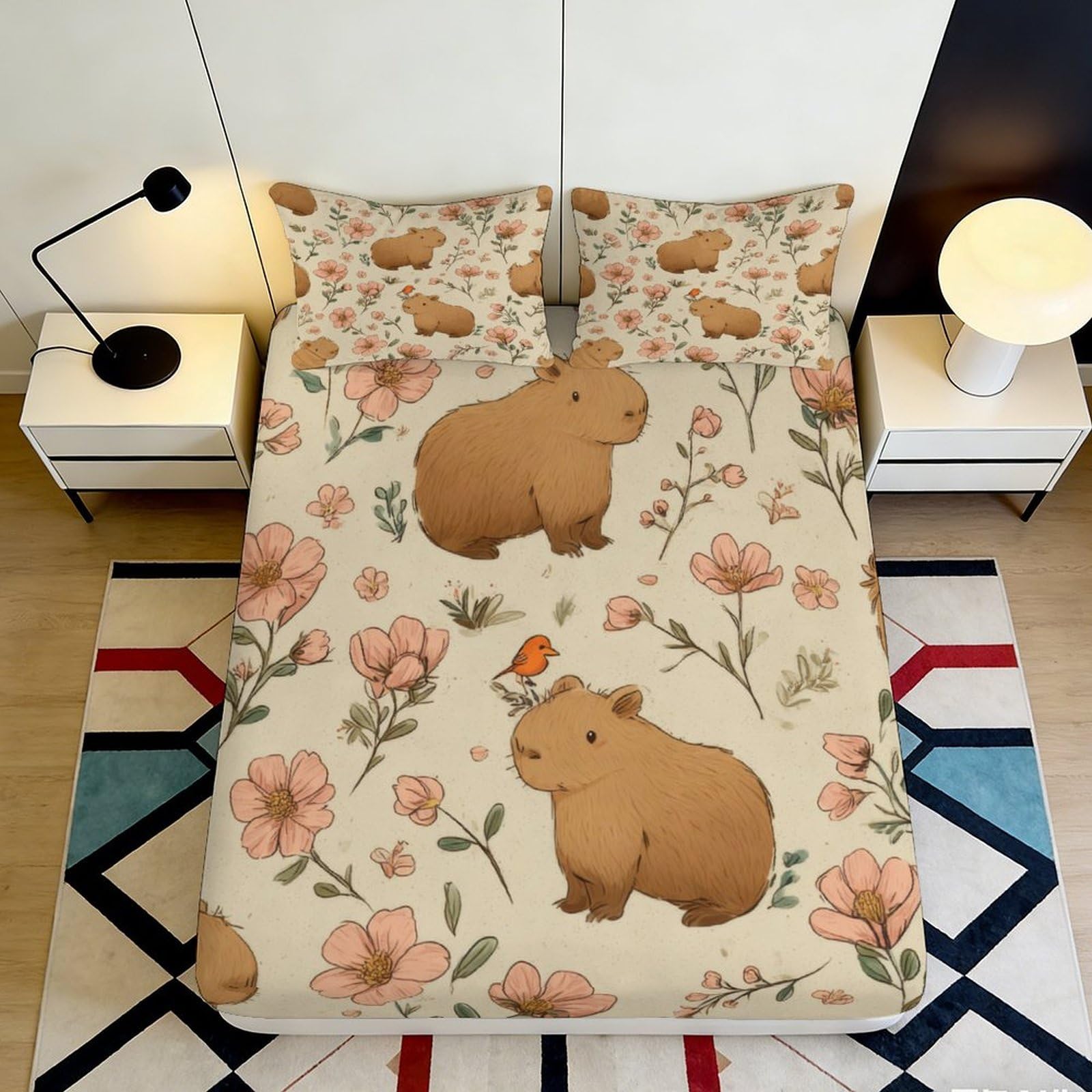 3D Printed Capybara Floral Fitted Sheet Microfiber Deep Pocket Non-Slip Bedroom Bedding Capybara Mattress Fitted Cover Washable for All Ages Home 200x200x25cm