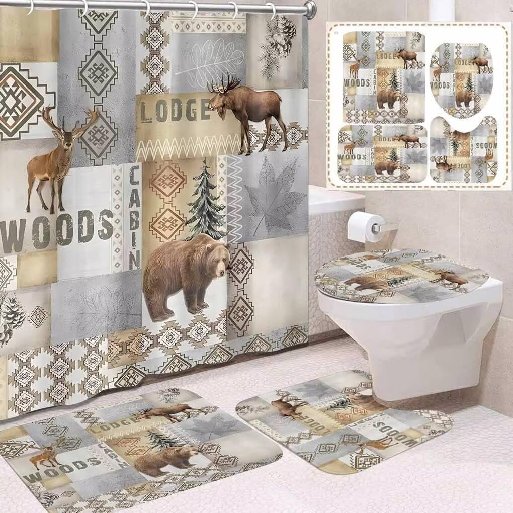 4Pcs Rustic Bear Cabin Shower Curtain Set Quick-Drying Bohemian Moroccan Deer Print Bath Curtain with Non-Slip U-Shaped Rugs Farmhouse Bath Mat 36x72inch