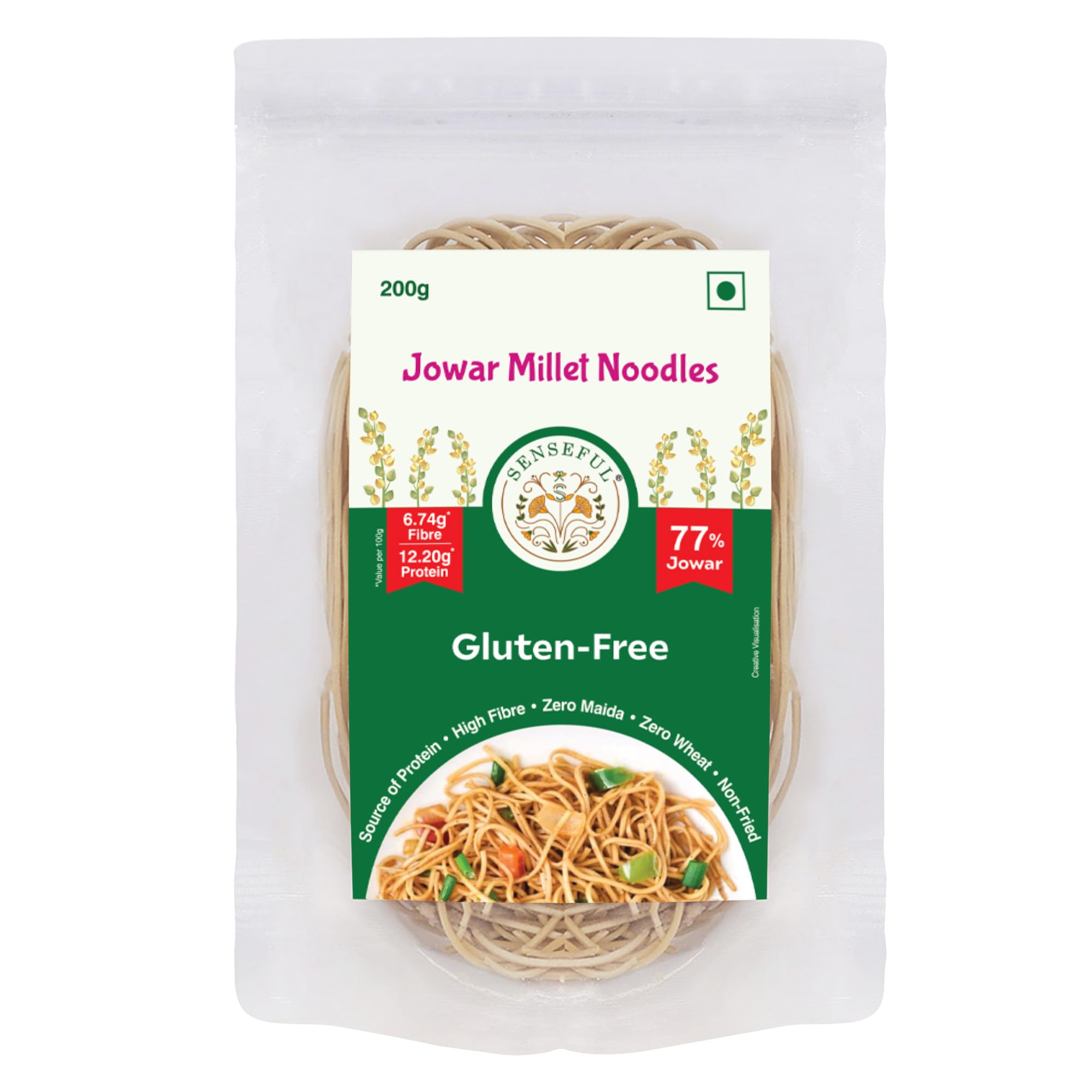 SENSEFUL Jowar Millet Noodles - Gluten-Free, With 77% Jowar - 200 gm | Zero Maida, Zero Wheat, Source of Protein, High Fibre, Fat-Free, Low Sugar & Non-Fried