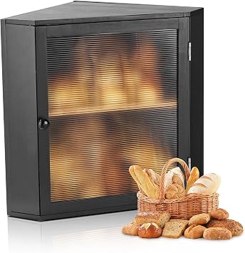VEVOR Corner Bread Box for Kitchen Counter, Double Layer Large Capacity Bamboo Bread Storage Container, Farmhouse Wooden Breadbox for Homemade Bread, Storage Holder Bin with Acrylic Wavy Door, Black