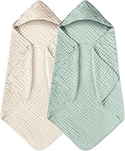 Yoofoss Hooded Baby Towels for Newborn 2 Pack 100% Muslin Organic Cotton Baby Bath Towel with Hood for Babies, Infant, Toddler and Kids, 32x32Inch, Soft and Absorbent Newborn Essential,Apricot&Green