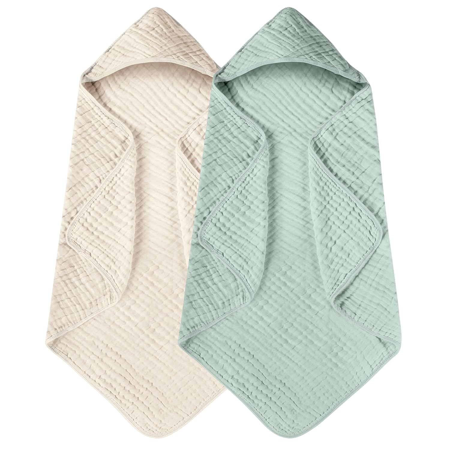 Yoofoss Hooded Baby Towels for Newborn 2 Pack 100% Muslin Cotton Baby Bath Towel with Hood for Babies, Infant, Toddler and Kids, Large 32x32Inch, Soft and Absorbent Newborn Essential Apricot and Green