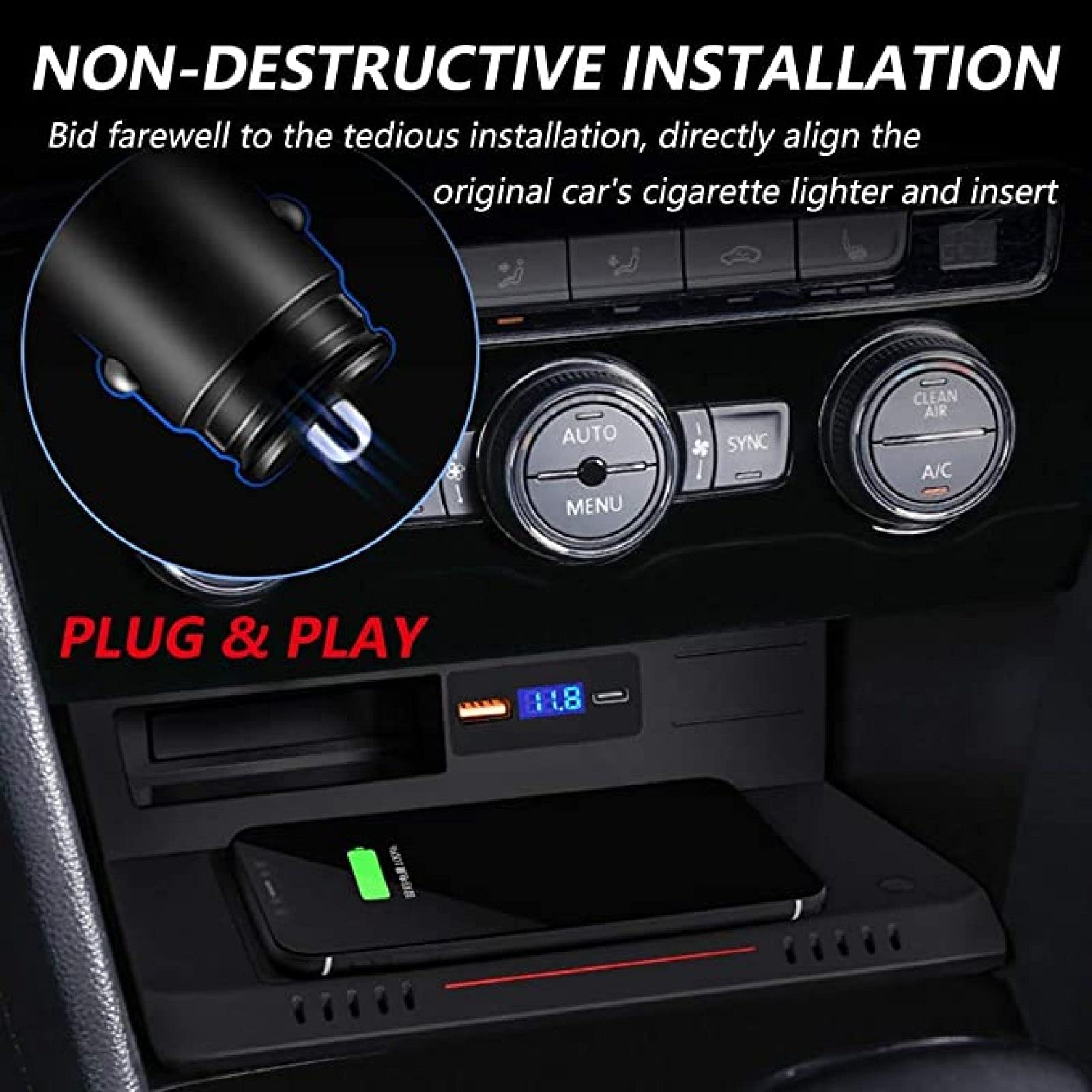 Cargador de Coche inalámbrico para VW TIG-UAN 2018 2019 2020 2021 Panel de Accesorios de Consola Central Cargador rápido inalámbrico de 15 W con Puerto USB QC3.0 y Puerto PD de 18 W para Cualquier