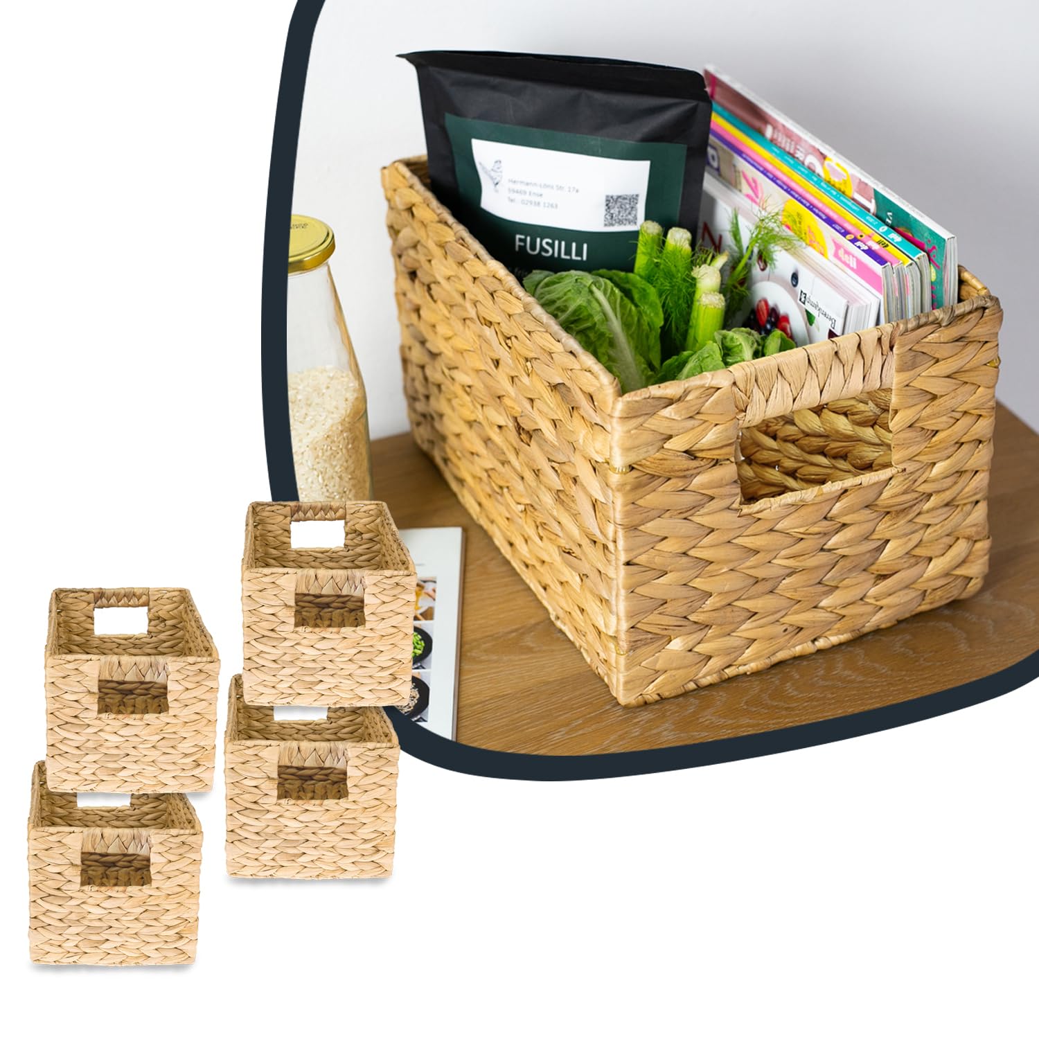 HMF Cesta de almacenaje trenzada organizadora de jacinto de agua, cesta decorativa con asas para baño, cocina, salón y estantería | Juego de 4 | Tamaño M | 32 x 23 x 20 cm | Natural