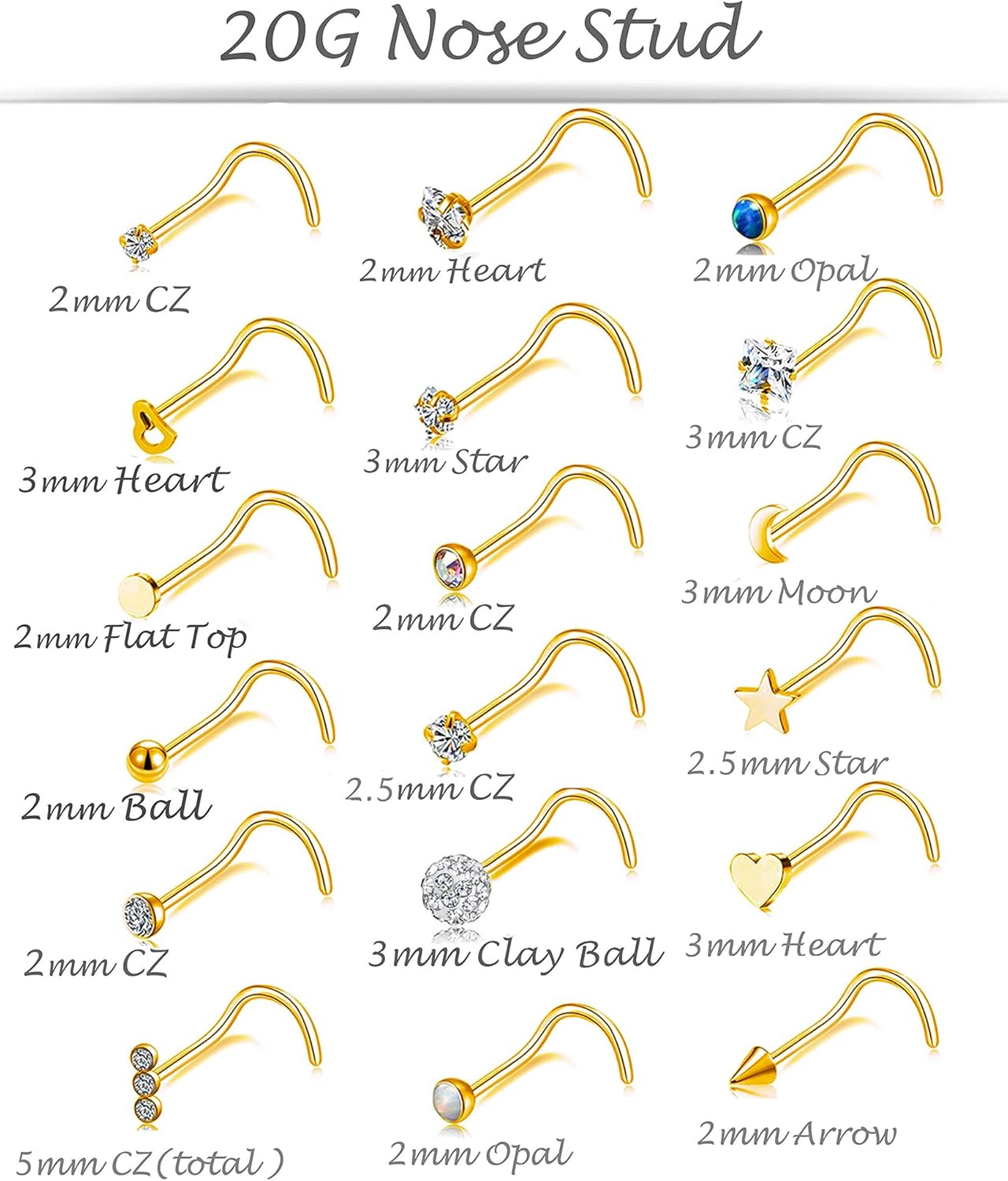 Tornito 20G 38Pcs Stainless Steel L Bone Screw Shaped Nose Studs Nose Rings CZ Hoop Tragus Cartilage Nose Ring Labret Nose Piercing Jewelry for Men Women Rose Gold Tone - Image 3