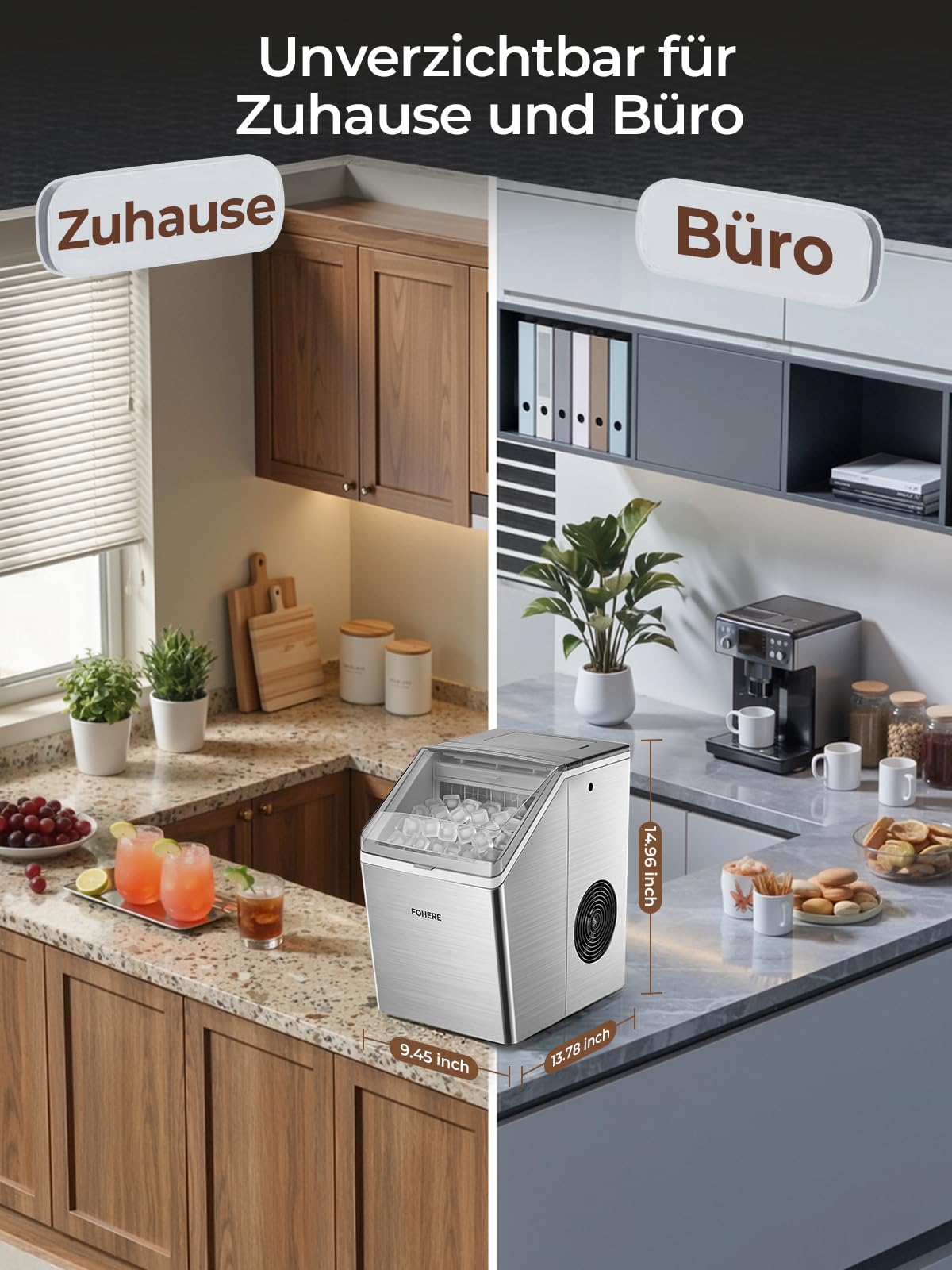 FOHERE Eiswürfelmaschine Edelstahl, 24kg/24h, 24 Eiswürfel in 10 Min, 3.2L Dual-Wasserzufuhr, 40 dB Flüsterleise, Timer & Selbstreinigung & Abtaufunktion, für Hausbar & Partys