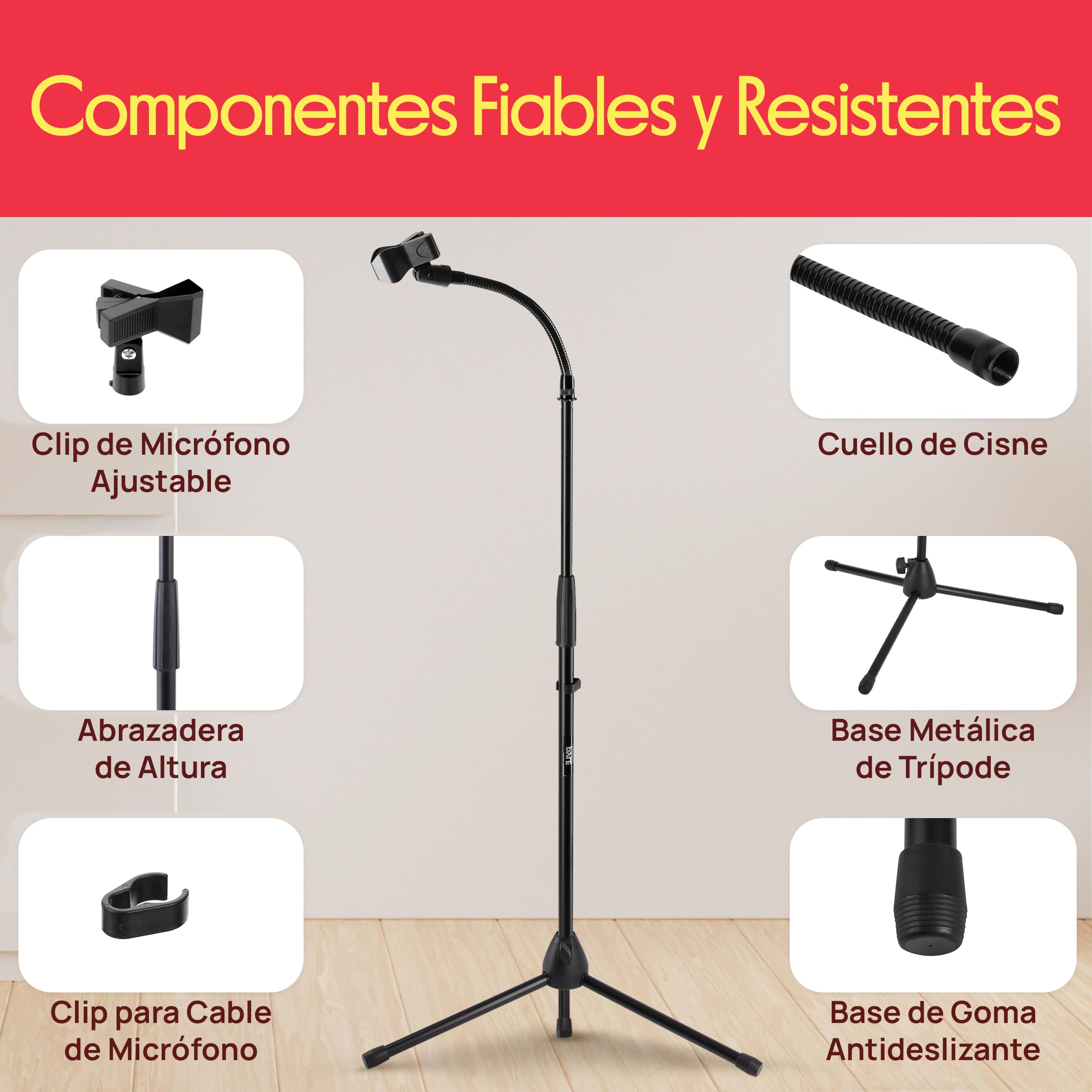 Pyle Soporte de Micrófono Color Negro, Trípode con Brazo Flexible, Adaptador Universal de 5/8”, Clip para Micrófono, Plegable y Altura Ajustable