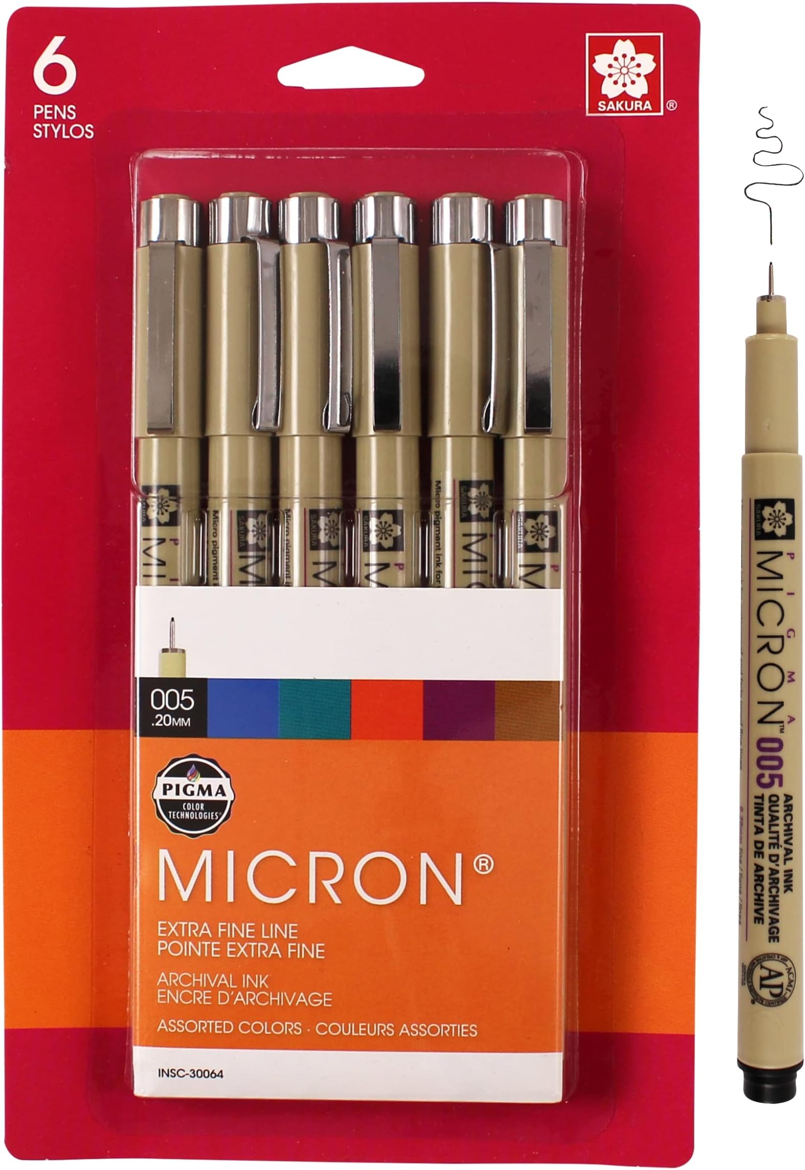 SAKURA2mm Pigma Micron Pens #005, Pack of 6, Black/Red/Blue/Green/Brown and Purple