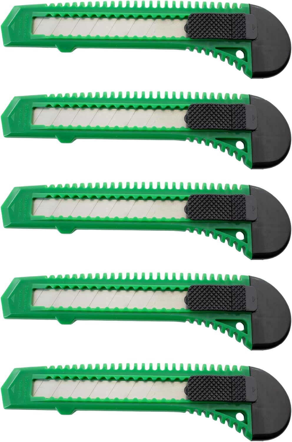 Green 6 Inch Retractable Utility Knife 5 Pack Manual Lock Snap off Blade Large Size Plastic Body 8 Points Snap Blade Heavy Duty Stainless Steel Blade