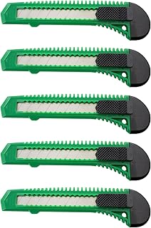 MotoProducts Green 6 Inch Retractable Utility Knife 5 Pack Manual Lock Snap off Blade Large Size Plastic Body 8 Points Snap Blade Heavy Duty Stainless Steel Blade
