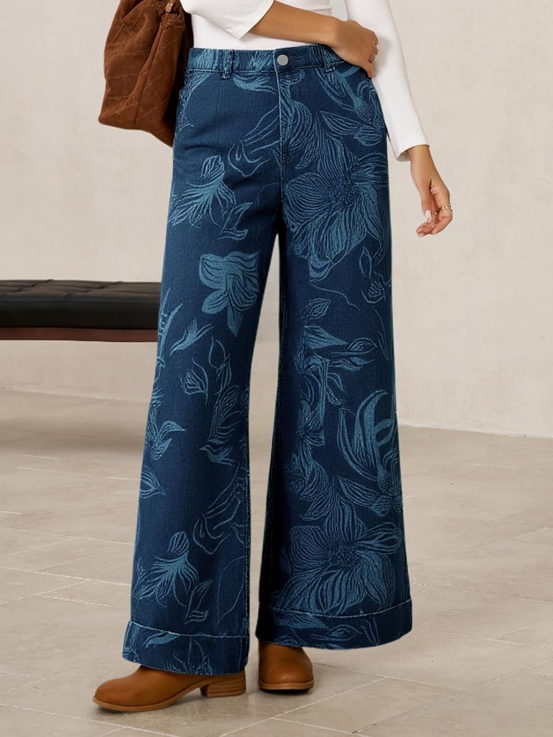 Cicy Bell Women's Floral Baggy Wide Leg Jeans Casual High Waisted Boyfriend Vintage Boho Denim Pants with Pockets - Image 2