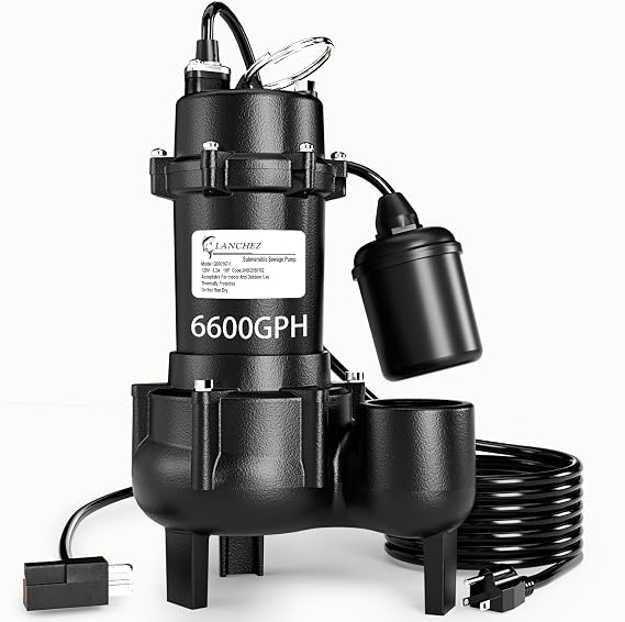 LANCHEZ 1HP 6600 GPH Submersible Sewage Pump, Heavy Duty Cast Iron Effluent Pump with Automatic Tethered Float Switch, Sump Pump for Sump Basin, Basement, Residential, 2 NPT Discharge