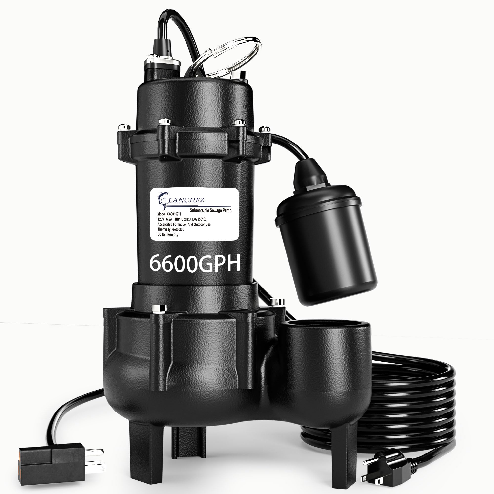 LANCHEZ 1HP 6600 GPH Submersible Sewage Pump, Heavy Duty Cast Iron