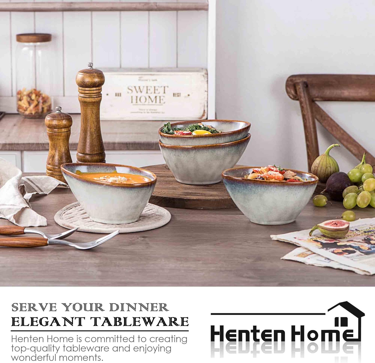 Henten Home Ceramic 20 oz Salad Bowls Set, Slanted Snack Bowl Set of 4, Porcelain Serving Bowls for Soup, Dessert, Microwave & Dishwasher Safe, Reactive Glaze (White)