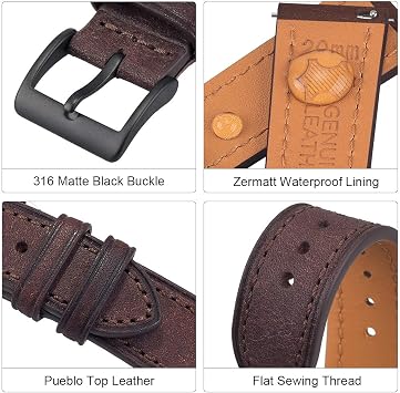 EACHE Top Grain 22mm Leather Quick Release Watch Strap Brown Black