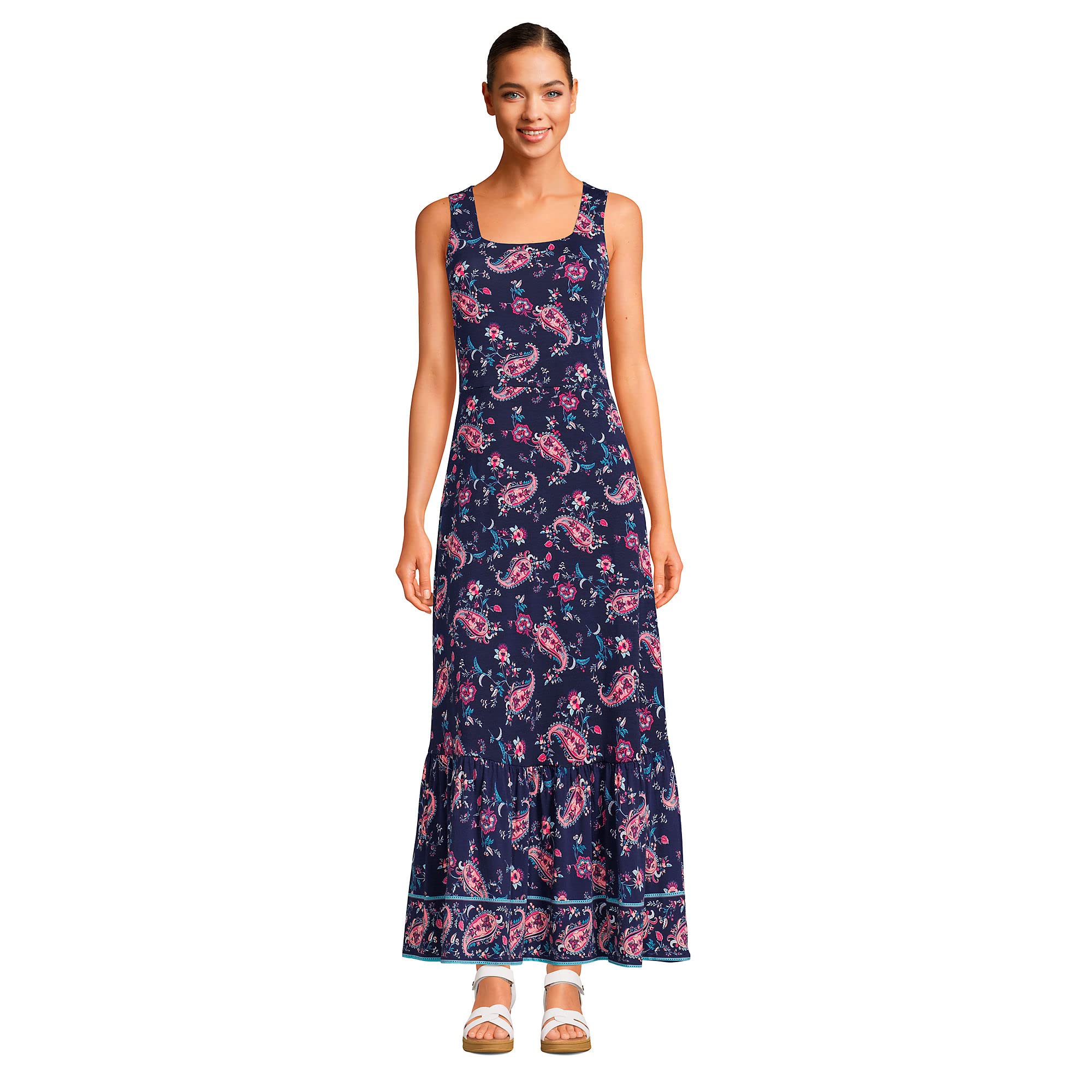 Lands' End Women's Cotton Modal Square Neck Tiered Maxi Dress