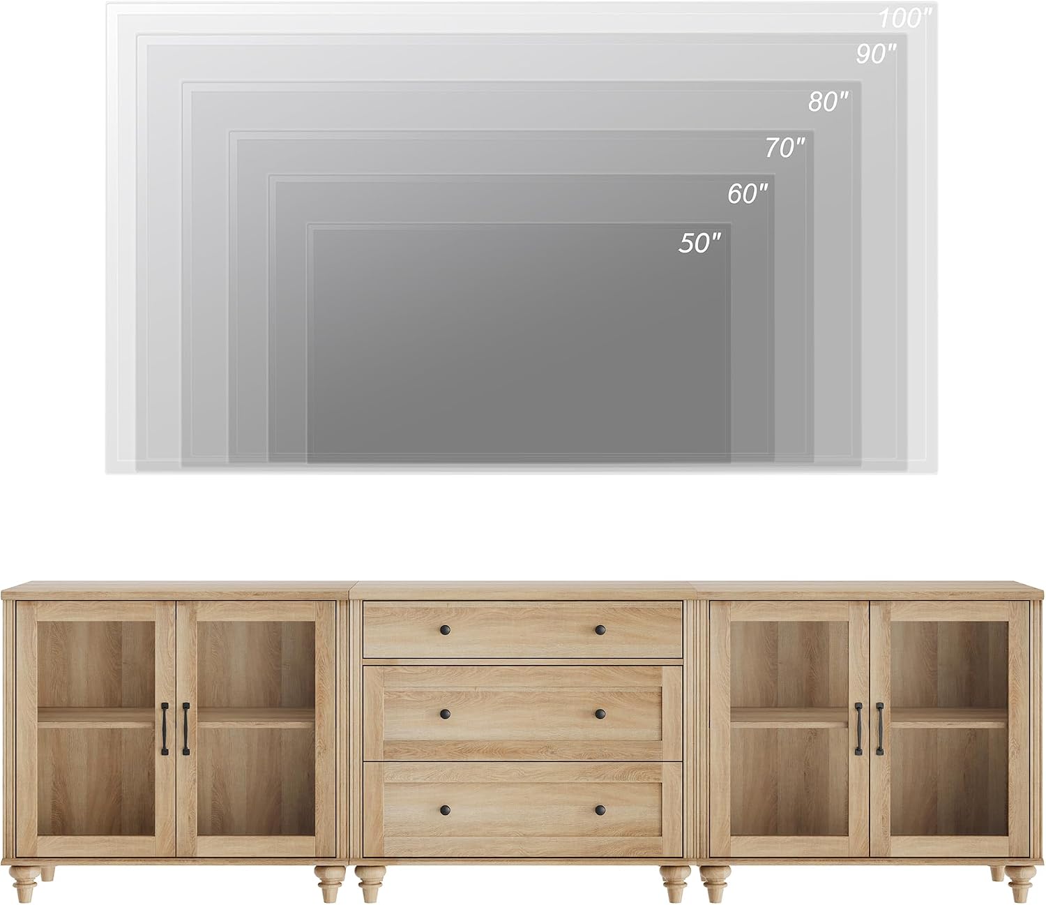 WAMPAT TV Stand for 100 Inch TV, 3-in-1 TV Console Table for 75/80/85/90 Inch TV, Entertainment Center with Glass Door & Drawer, Kitchen Sideboard Buffet Cabinet for Dining Room, Oak