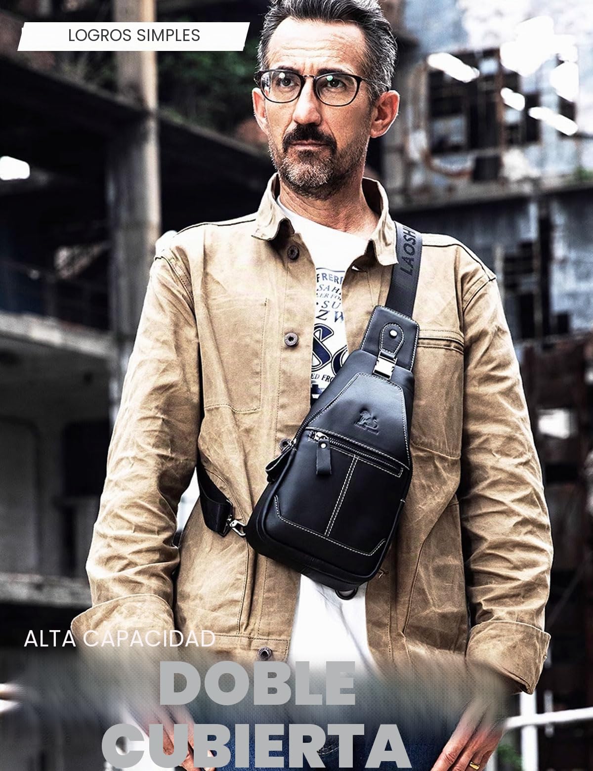 Bolsa de Pecho Para Hombres Bolso de Cuero Genuino Deportes y Ocio al Aire Libre Bolsa Pectoral Multifuncional Vintage de Moda e Impermeable Negro