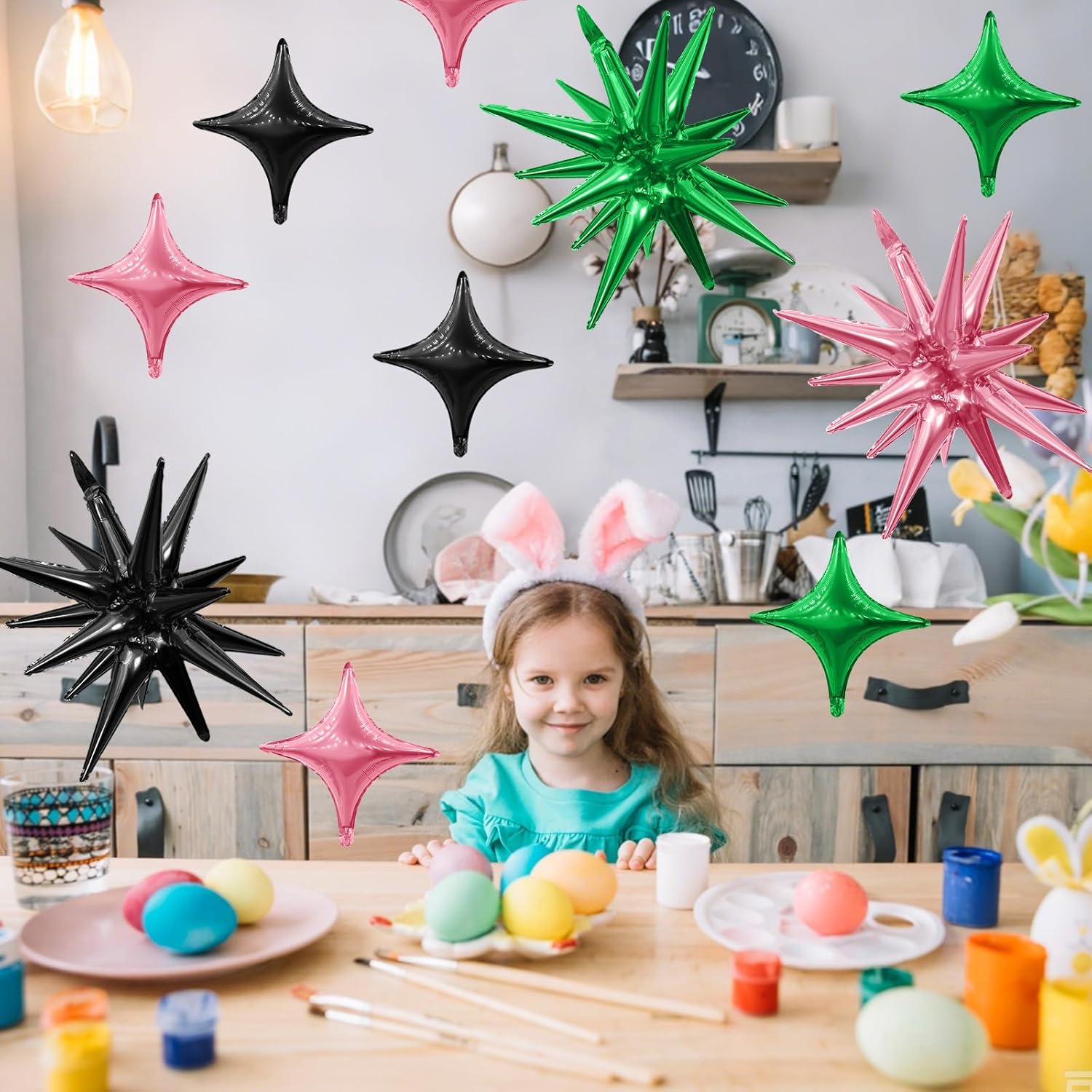 Black Green Pink Star Balloon,Pink Green 6Pcs 22Inch Explosion Star Balloons and 10Pcs 10Inch Four Angle Balloons Kit for Birthday Halloween Anniversary Baby Shower Wedding Party Decorations - Image 4