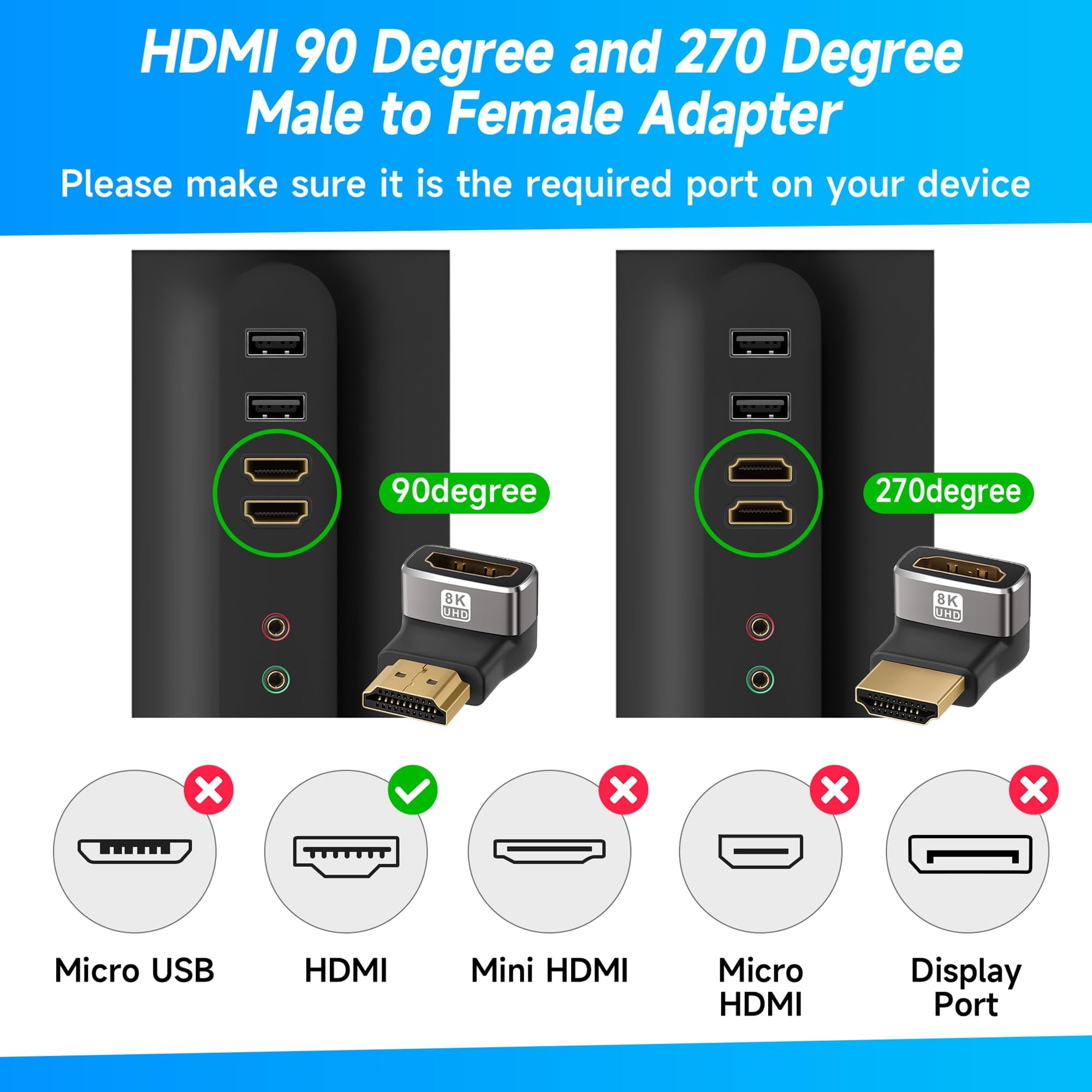 HDMI Adapter 2-Pack — 8K Ultra HD Bidirectional 90° & 270° Angled Plug to Socket — HDMI Coupling Connector 8K@60Hz / 4K@120Hz, Aluminum 2.1 HDR VRR Dolby eARC 3D 48Gbps for TV/Xbox/PS5/PC/Projector - 3