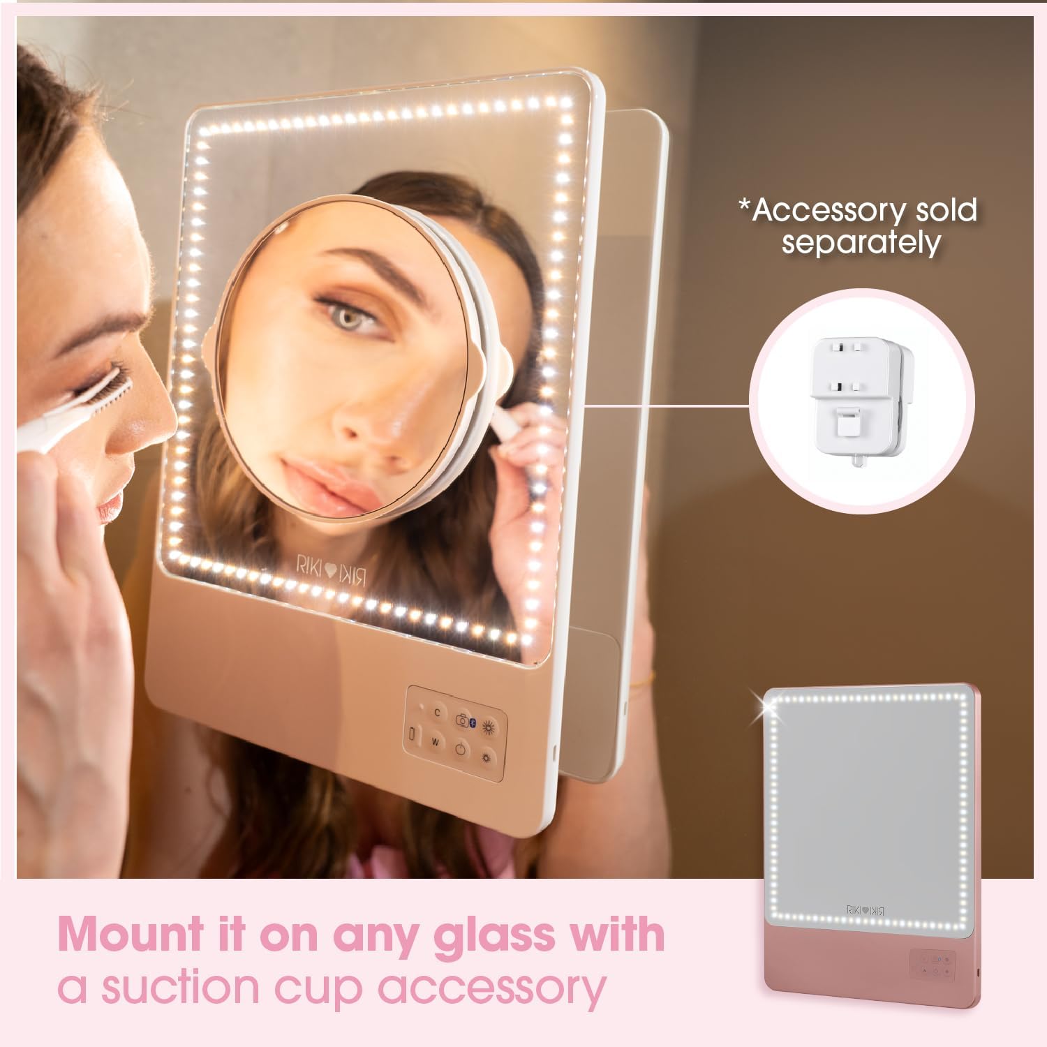 Riki Skinny Duo LED Vanity Mirror with Lights & Bluetooth - Portable Lighted Makeup Mirror with Magnification, Adjustable Stand, & Phone Clip | 5 Dimming Stages & Color Temperature Adjustable