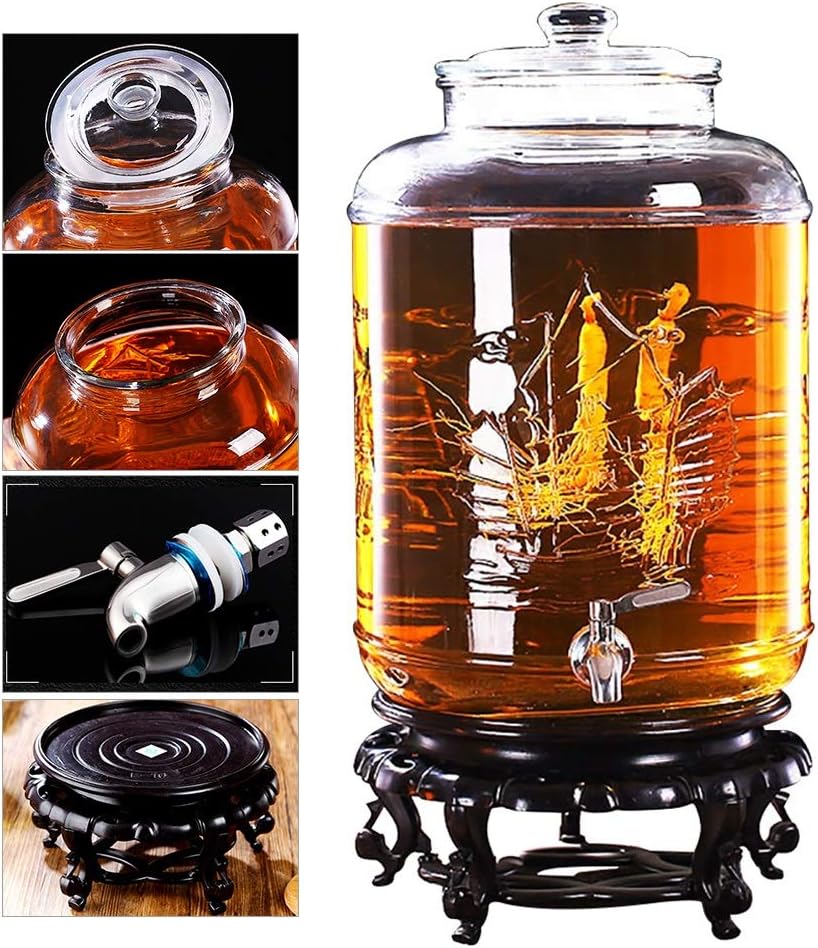 Amazon｜ドリンクディスペンサー 樹脂ベースの漏れのないスピゴットガラス蓋付きガラスドリンクディスペンサー、レモネード/茶/冷水用飲料