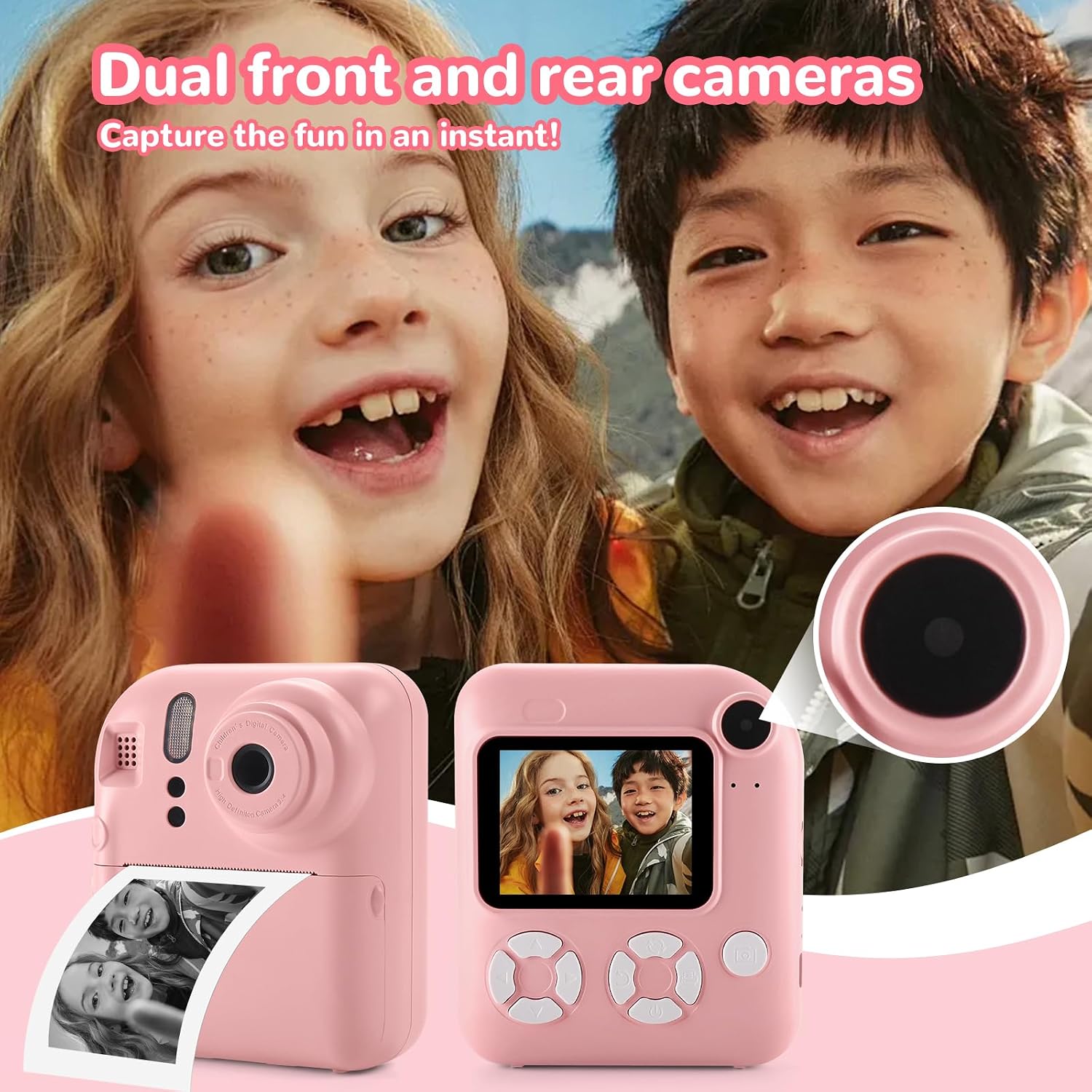 Kids Camera Instant Print,Toys for Gifts Ages 3-12 Boys Girls Christmas Birthday,Selfie Digital Camera with 1080P Videos with 32GB Card,Toddler Portable Travel Camera