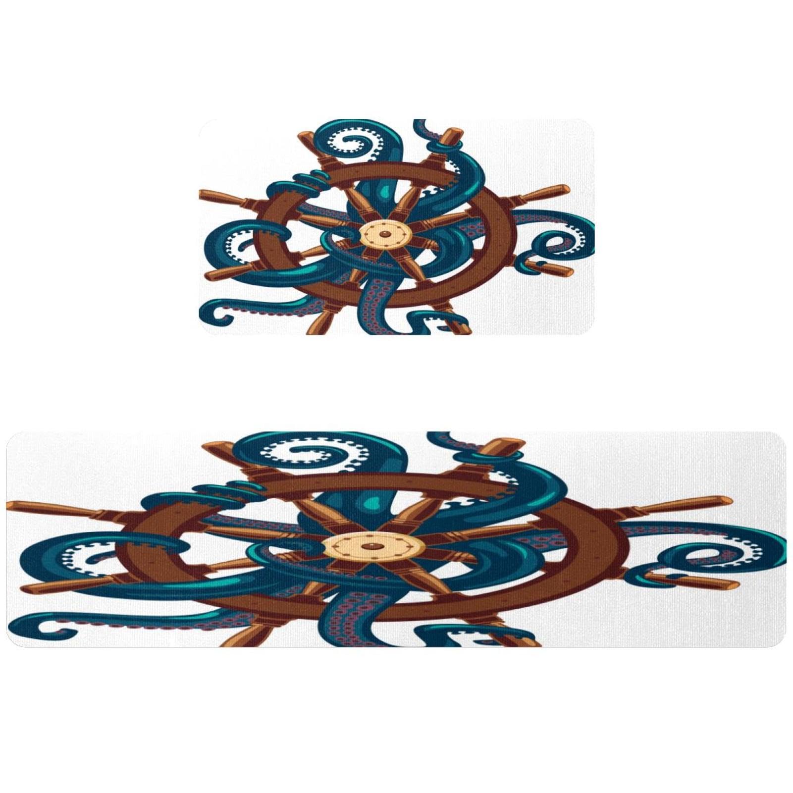 Alfombrillas de cocina con estampado de pulpo y timón marino pack de 2 alfombras