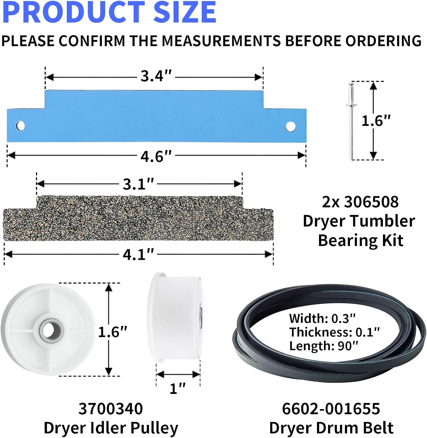 12001541 303373K Dryer Drum Support Roller Kit Dryer Repair Kit, 306508 Drum Bearing Kit, WP6-3700340 Dryer Idler Pulley & WP33002535 Drum Belt, Replacement for Maytag Crosley Dryer Replace Parts