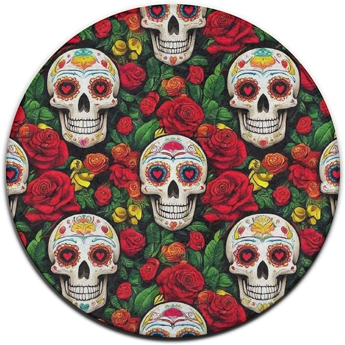 Large Round Area Rug, Fashion Home Decor Mat, Mexican Day Dead Rose Sugar Skulls Modern Sofa Yoga Circular Rug, 24inch