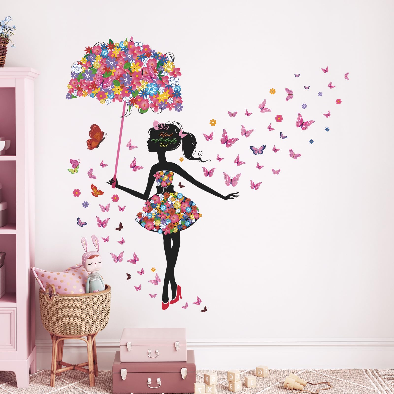 Tanlaby Blumen Fee Wandtattoo Schmetterling Mädchen mit Regenschirm Wandaufkleber für Babyzimmer Wohnzimmer Schlafzimmer Kinderzimmer Hause Wanddekoration