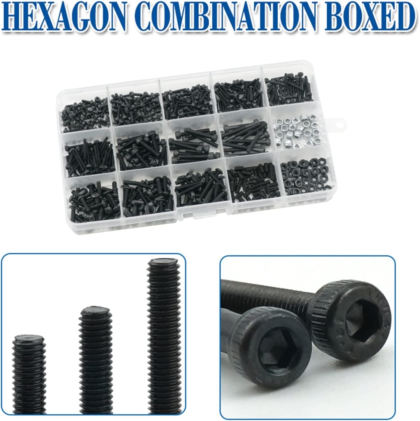 YANGQI yaoqijie 918pcs M2 M3 Hex Socket Screw Set Carbon Steel Flat Round Cap Head Screws Bolts and Nuts Assortment Kit with Storage Box Lasting (Size : Set)