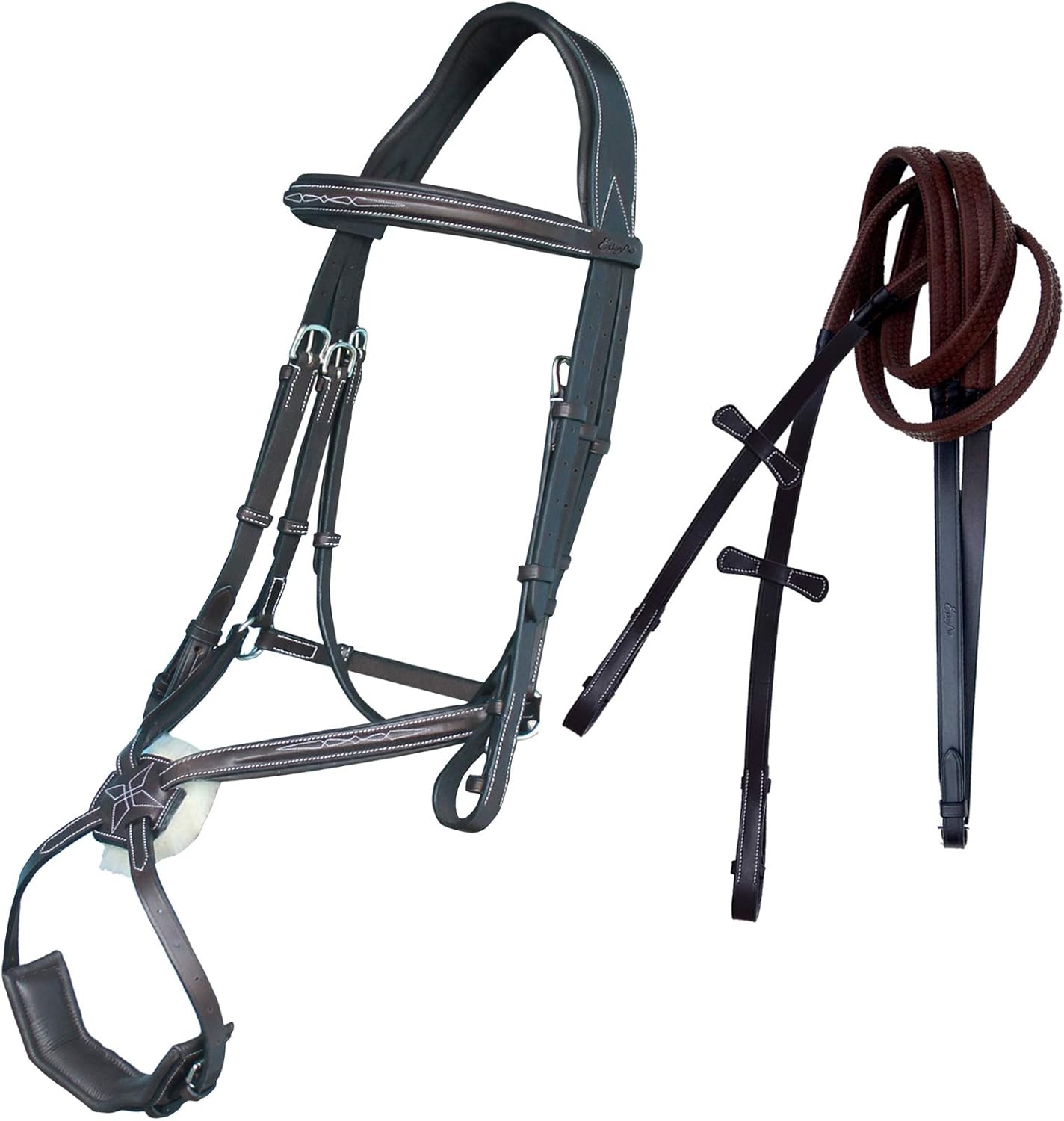 Exion Figure 8 English Jumping Bridle with Soft Padding & Rubber Reins | Anatomical Mono Crown | Grackle Noseband Mexican Bridle with SS Buckles | Premium Horse Bridle for Jumping & Eventing